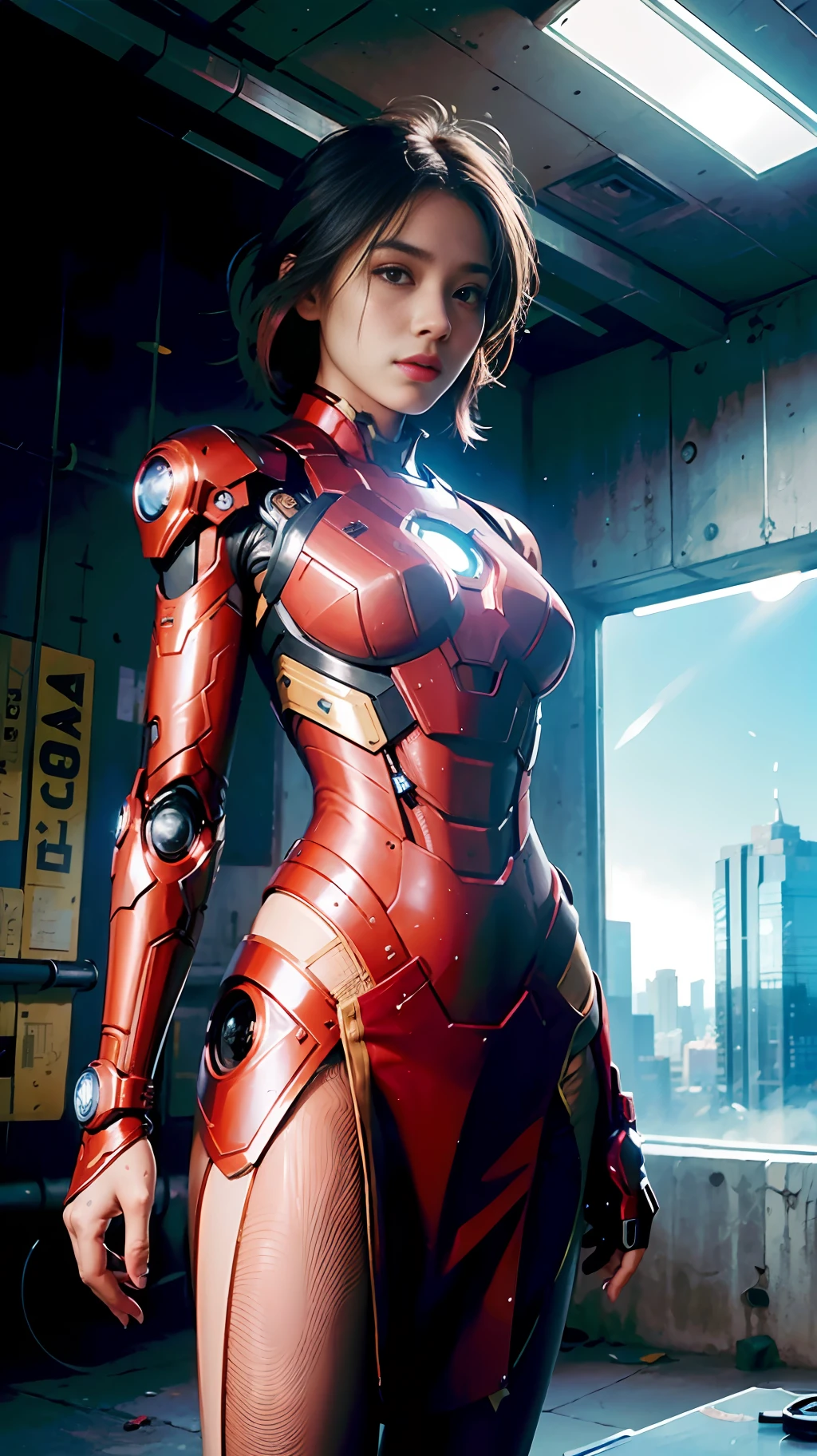 (1girl:1.3), solo,__body-parts__, official art, unity 8k wallpaper, ultra detailed, beautiful and aesthetic, beautiful, masterpiece, best quality, RAW, masterpiece, super fine photo,, best quality, super high Resolution, photorealistic, sunlight, full body portrait, stunningly beautiful,, dynamic pose, delicate face, vibrant eyes, (side view), she is wearing a futuristic Iron Man mech, red and gold, Highly detailed abandoned warehouse background, detailed face, detailed complex busy background, messy, gorgeous, milky, high detailed skin, realistic skin details, visible pores, sharp focus, volumetric fog, 8k uhd, dslr camera, High quality, film grain, fair skin, photorealism, lomography, sprawling metropolis in a futuristic dystopia, view from below, translucent