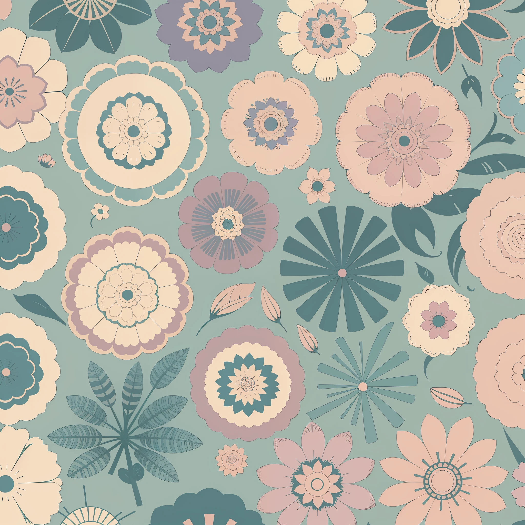 Set pattern of large flowers with plants, defined shape, flat style, vector style, drawing style, naïve style, wallpaper style, in soft pastel colors such as old pink, pastel blue, light blue, beige, pastel yellow. No shadows in the images.