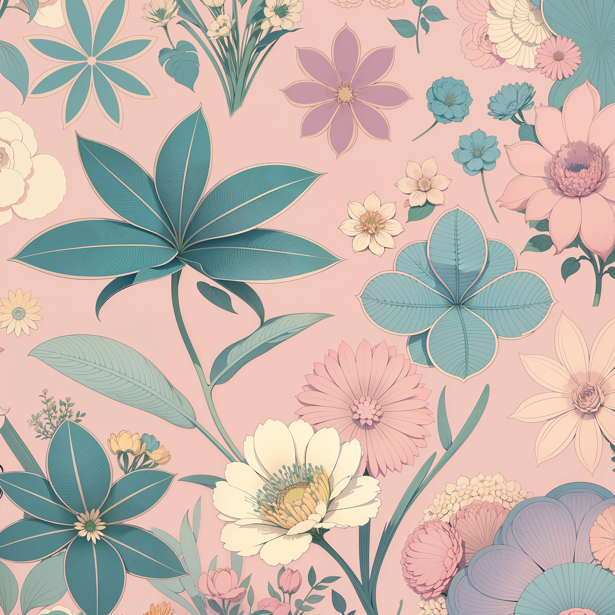 Set pattern of large flowers with plants, defined shape, flat style, vector style, drawing style, naïve style, wallpaper style, in soft pastel colors such as old pink, pastel blue, light blue, beige, pastel yellow. No shadows in the images.