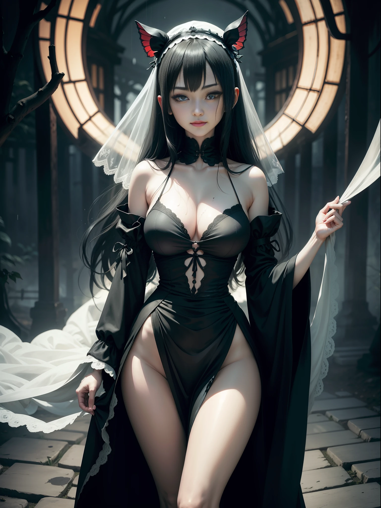 ((Full body photo)), Fatal Frame Crimson butterfly, a woman and a ghost/zombie, she is wearing a black maid outfit with white parts, extremely tight in the body, half ripped in the body, with a maid headdress on her head, has eyes green, long black hair, her clothes are wet and semi transparent, she is looking at the viewer with a smile. The ghost is a woman with short white hair, blue eyes, is behind her in a white semi-transparent costume, has large breasts and tight clothes on her body holding her from behind, they are in a macabre ancient Japanese village at night with light rain and strong wind, Fatal Frame Crimson butterfly, anime, Terror, 16k, best quality, highres, high details, UHD, masterpiece