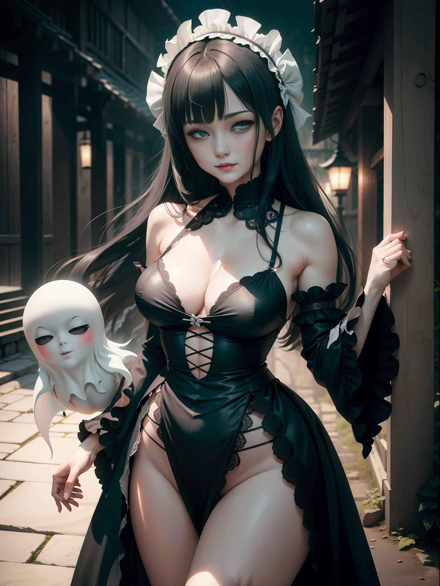 ((Full body photo)), Fatal Frame Crimson butterfly, a woman and a ghost/zombie, she is wearing a black maid outfit with white parts, extremely tight in the body, half ripped in the body, with a maid headdress on her head, has eyes green, long black hair, her clothes are wet and semi transparent, she is looking at the viewer with a smile. The ghost is a woman with short white hair, blue eyes, is behind her in a white semi-transparent costume, has large breasts and tight clothes on her body holding her from behind, they are in a macabre ancient Japanese village at night with light rain and strong wind, Fatal Frame Crimson butterfly, anime, Terror, 16k, best quality, highres, high details, UHD, masterpiece