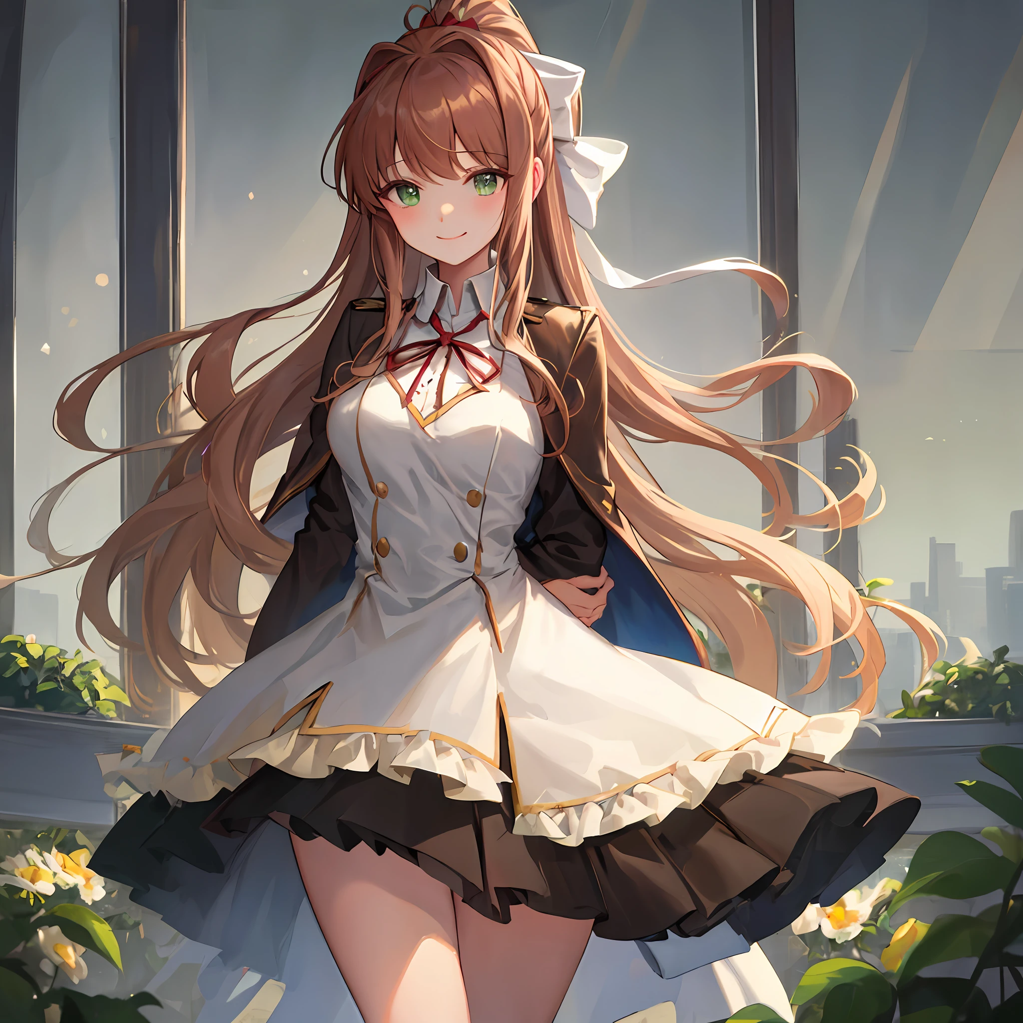 Monika in an office, beautiful lightning, bokeh, dress, alternate clothes, chest accesories, ornate dress, fashion dress, sun rays, fisheye, front view, 2d, masterpiece, best quality, anime, highly detailed eyes, highly detailed face, highly detailed background, perfect lighting, bokeh, cowboy shot, feet out of frame, 1girl, solo, classroom, school uniform, monika \(doki doki literature club\), doki doki literature club, alternate clothes, brown hair, very long hair, white bow, hair bow, ponytail, green eyes, medieval clothes, ornate dress, closed jacket, standing, (leaning forward:0.8), (arms behind back:1.2), smile
