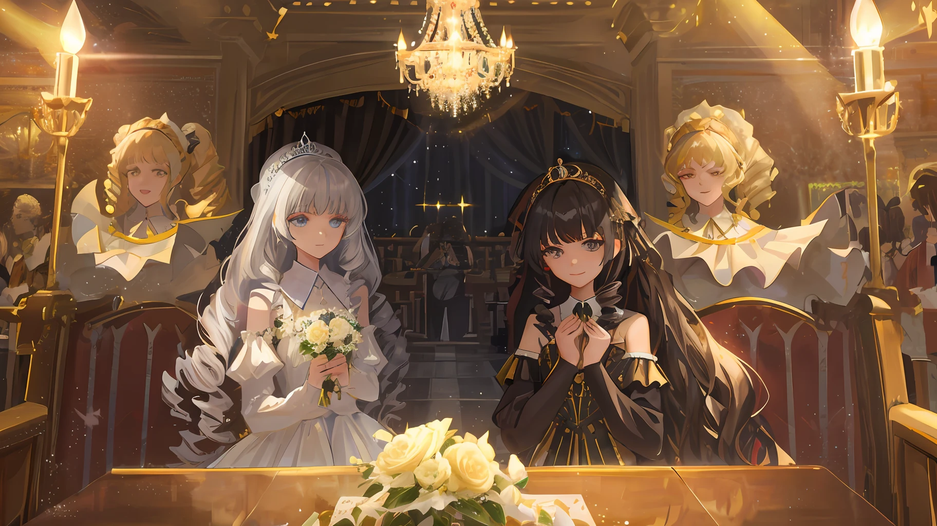 Dramatic composition, court-style dresses, royal, gorgeous, cascading frills, ruffles, bows, crystal chandeliers, Roman curly hairstyles, ponet, double ponytails like drills, look at the camera, bangs, maximalism, palatial background, delicate portrayal of hair and eyes, princess dresses, gorgeous skirts, flowers in hand, smiles, starry eyes, cinematic light, extreme detail, high definition, happy girl, very long hair, diamonds, broken diamonds, crystal fragments, light particles
