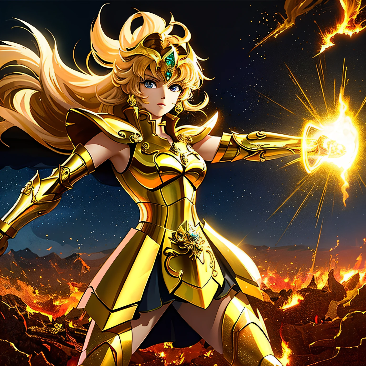 (masterpiece), (best quality), (1girl), girl in golden armor, cool pose, battle field background, fire background, saint seiya armor, messy hair