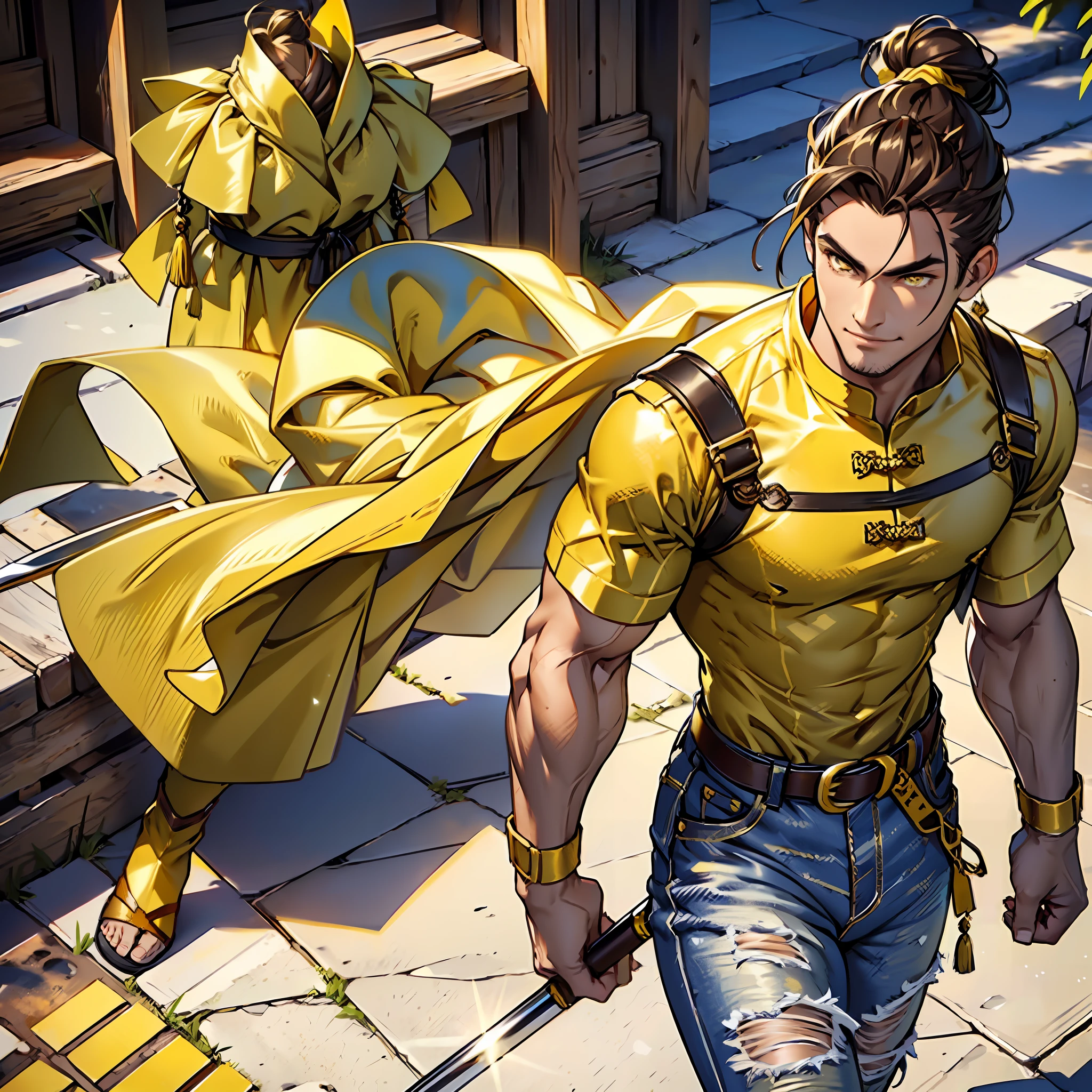 Muscular man, alone, holding a golden spear, hair tied in bun, dark brown hair, Chinese-looking man, ((burnt yellow dress blouse, long white jeans)), black military boot, smile, yellow colored eyes, costume, walking through the kingdom.