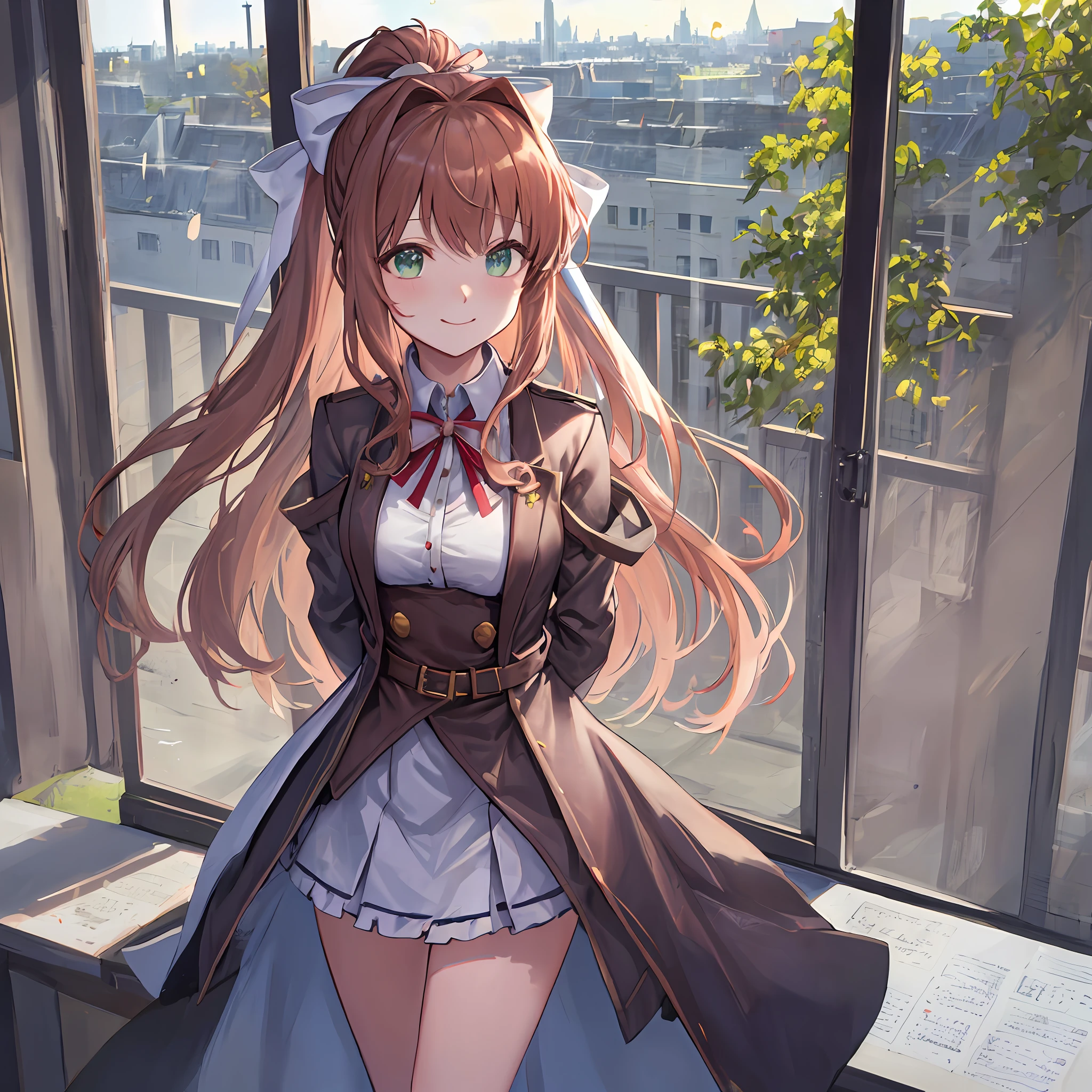 Monika in an office, beautiful lightning, bokeh, dress, alternate clothes, chest accesories, ornate dress, fashion dress, sun rays, fisheye, front view, 2d, masterpiece, best quality, anime, highly detailed eyes, highly detailed face, highly detailed background, perfect lighting, bokeh, cowboy shot, feet out of frame, 1girl, solo, classroom, school uniform, monika \(doki doki literature club\), doki doki literature club, alternate clothes, brown hair, very long hair, white bow, hair bow, ponytail, green eyes, medieval clothes, ornate dress, closed jacket, standing, (leaning forward:0.8), (arms behind back:1.2), smile