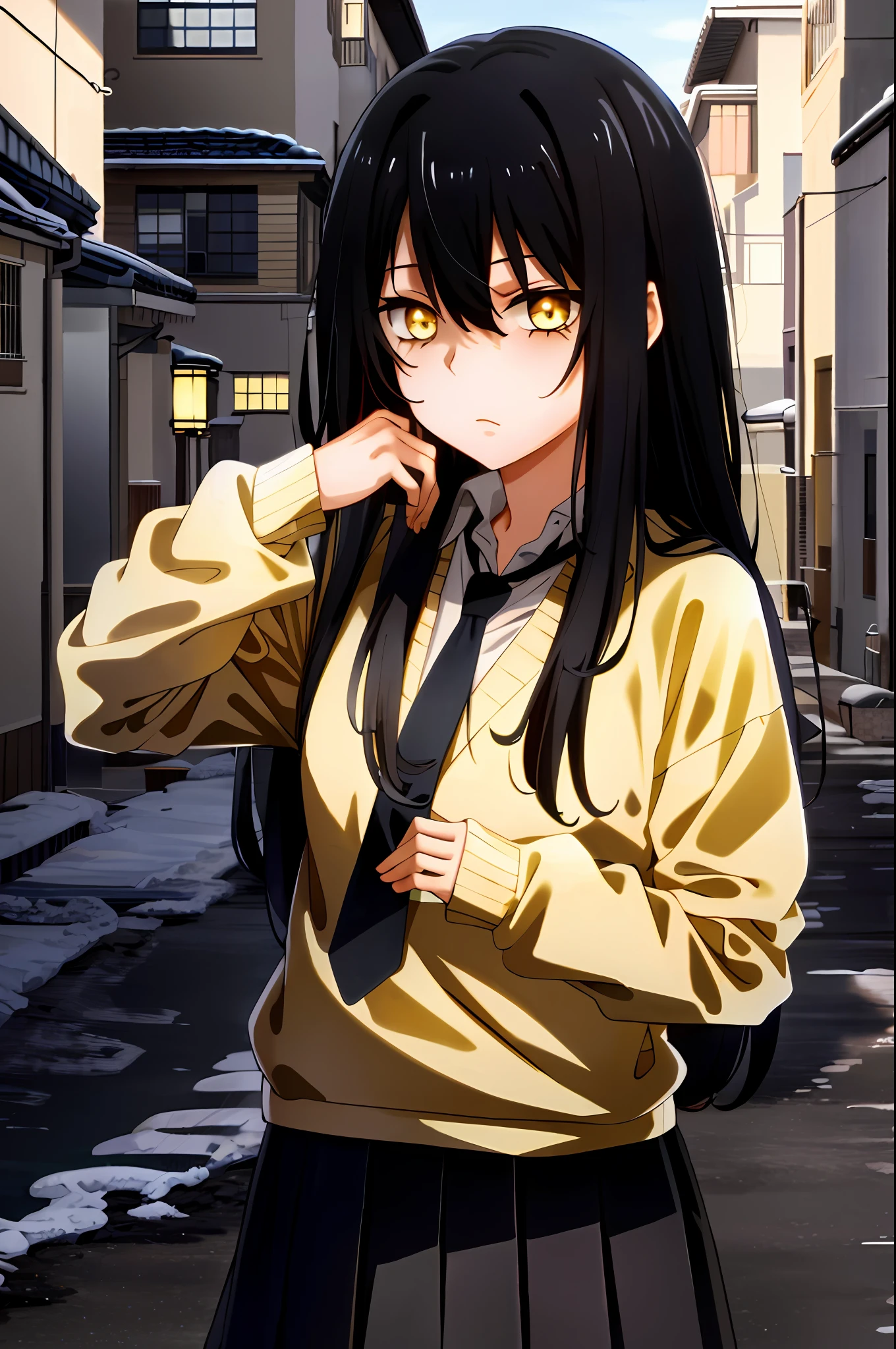 Mieruko, miko_yotsuya, 1 girl, scary, holding a cell phone, yellow sweater, black tie, school uniform, yellow detailed eyes, long black hair, big eyes, detailed pupils, detailed shading, detailed lighting, (horror theme\):1.25), outdoor, no background