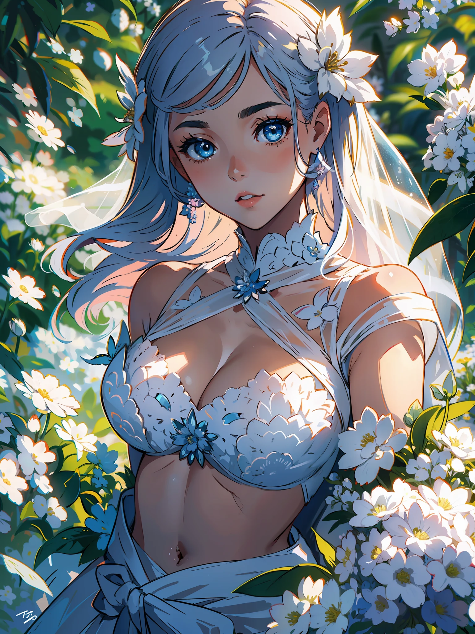 Masterpiece, best quality, from above, 1girl, solo, beautiful face and eyes, withe wedding dress, withe background, upper body, looking at viewers, withe flowers, illustration