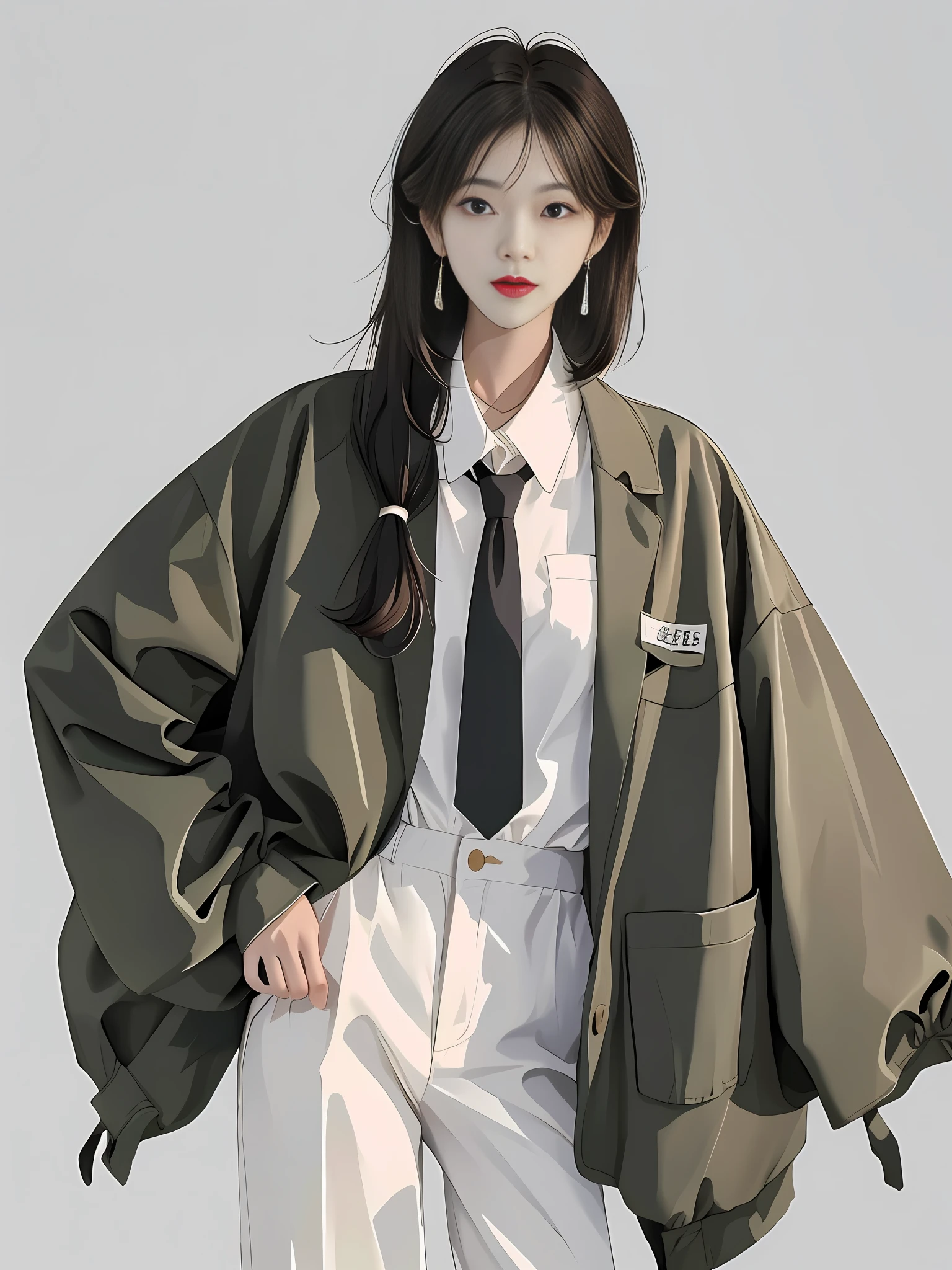 (women in green jackets and white pants), Sakimichan style + Kim Jong-ki color, (long and smooth clothes: 1.1, workwear, short hair: 1.1), wlop style, (short jacket: 1.1, short-sleeved shirt + jacket: 1.2), guweiz, JK uniform, free jacket collar sailor uniform, (Kim Young: 1.1, casual style: 1.1), ulzzang, modern fashion clothing.