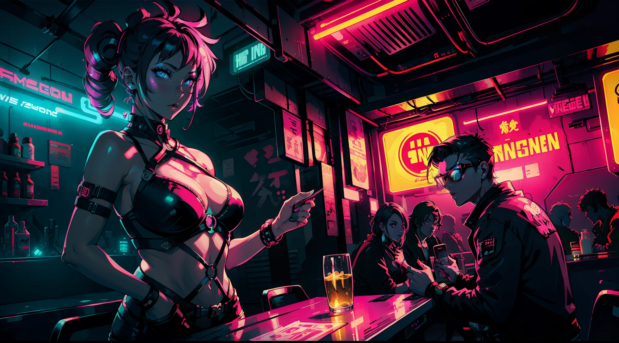 Femme magnifique ( néon cyberpunk ), neon sings, cyberpunk city, ramen shop, high detailed,  high-quality,  neon lights