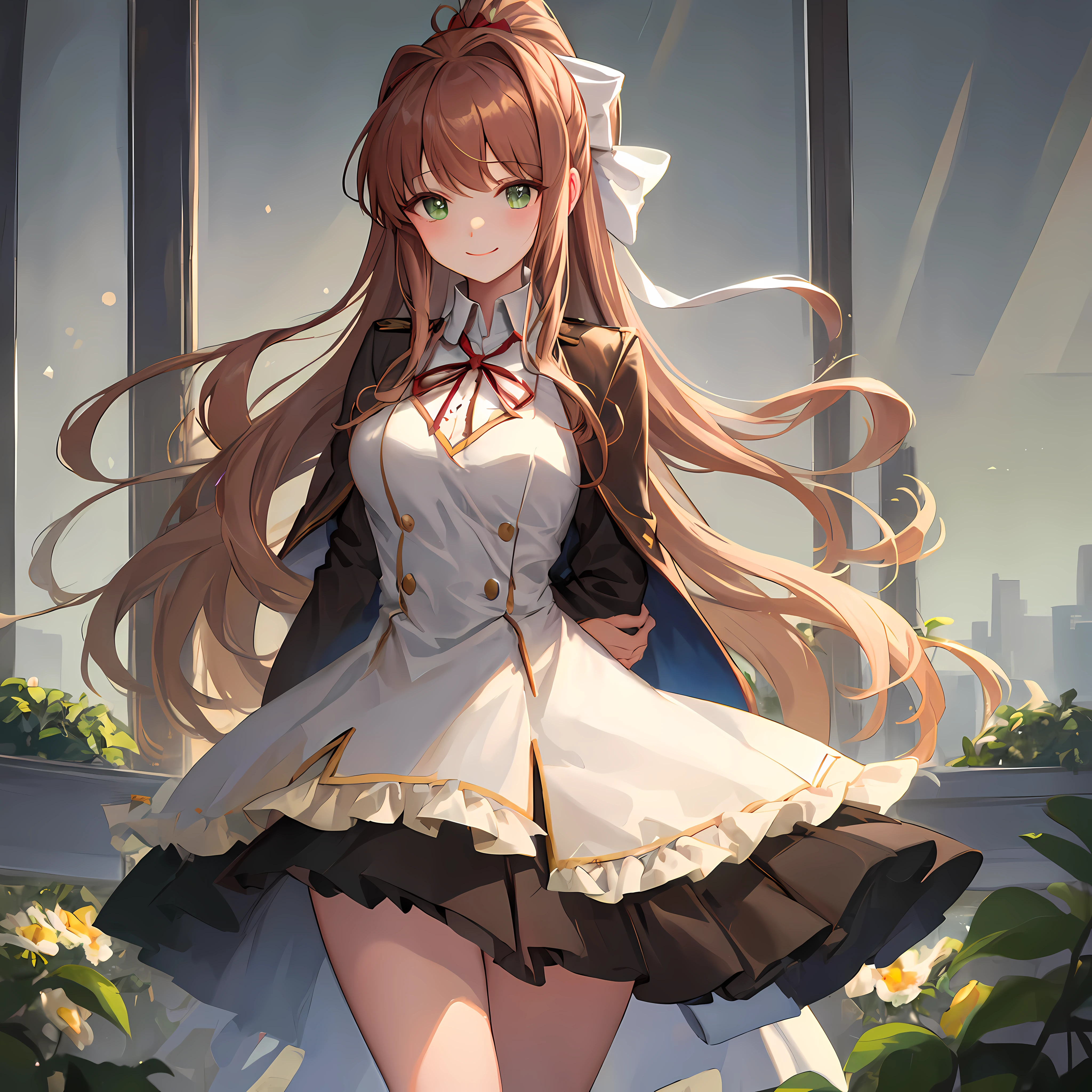 Monika in an office, beautiful lightning, bokeh, dress, alternate clothes, chest accesories, ornate dress, fashion dress, sun rays, fisheye, front view, 2d, masterpiece, best quality, anime, highly detailed eyes, highly detailed face, highly detailed background, perfect lighting, bokeh, cowboy shot, feet out of frame, 1girl, solo, classroom, school uniform, monika \(doki doki literature club\), doki doki literature club, alternate clothes, brown hair, very long hair, white bow, hair bow, ponytail, green eyes, medieval clothes, ornate dress, closed jacket, standing, (leaning forward:0.8), (arms behind back:1.2), smile