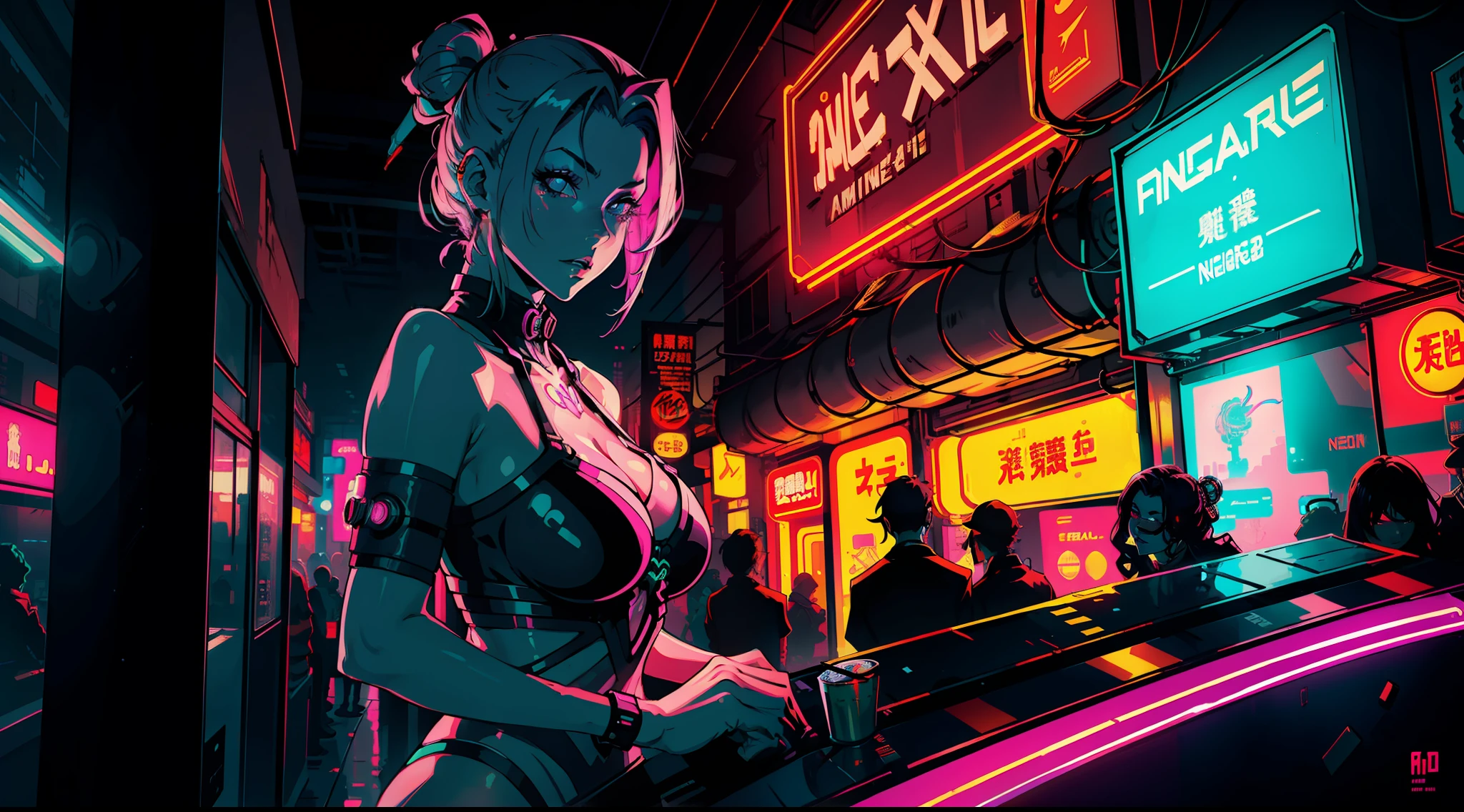 Femme magnifique ( néon cyberpunk ), neon sings, cyberpunk city, ramen shop, high detailed, high-quality, neon lights