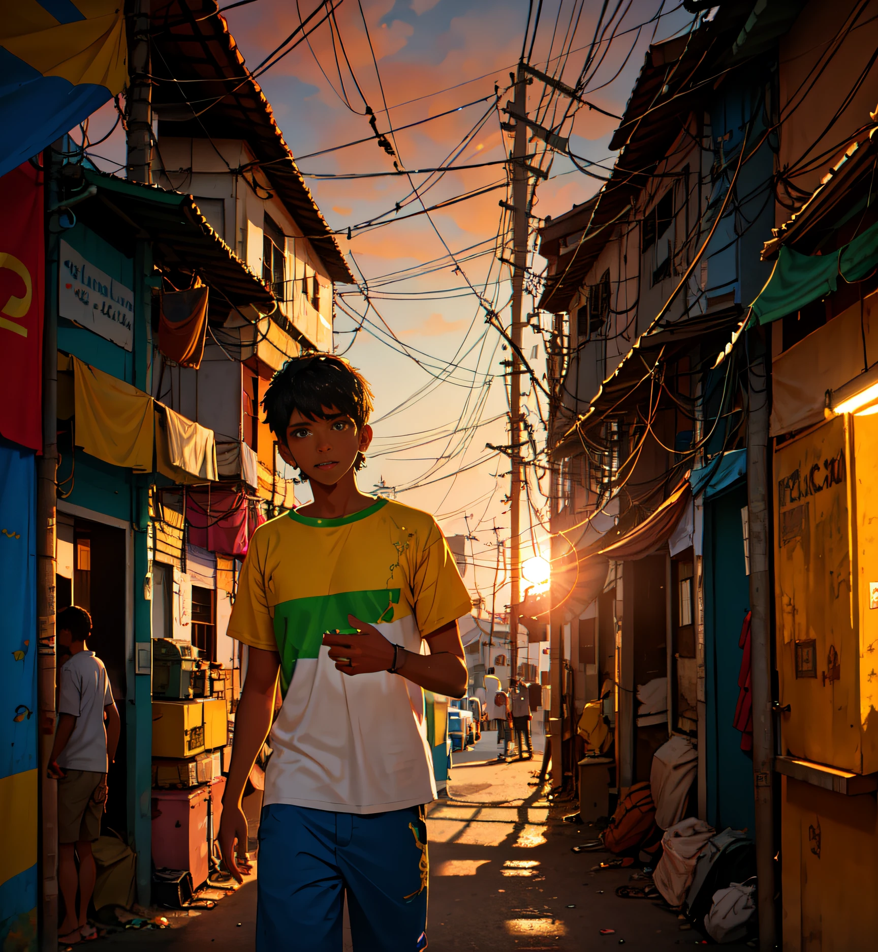 [[brown guy]], 1boy, brazilian streets, brazil, face detailed,  cyberpunk background, sun, day,  glass, cyberpunk streets,  brazilian, poor boy, guy, cartoon, favela,  (best quality, ultra-detailed, best shadow), (detailed background),  high contrast, (best illumination), colorful, hyper detail, dramatic light, intricate details, stunning shot, cinematic, iron houses, [golden hour], wallpaper, vibrant colors, 4k, 8k