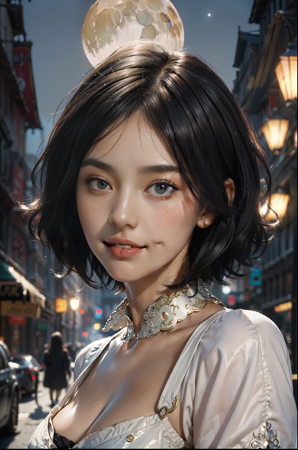 Best quality, masterpiece, ultra high res, (photorealistic:1.4), raw photo,masterpiece, best quality, ultra-detailed, illustration,(halfbody shot,street,moon lamps),Masterpiece, 1girl, solo exhibition, beautiful woman on the bustling street, surrounded by hawkers, beautiful goddess girl portrait, beautiful and detailed face, porcelain skin, (((bust shot, center, night, black hair, short hair)), super soft lighting, symmetry, complexity, elegance, high detail, realism, art, concept art, smile, fantasy clothes,hyperdetailed clothing,