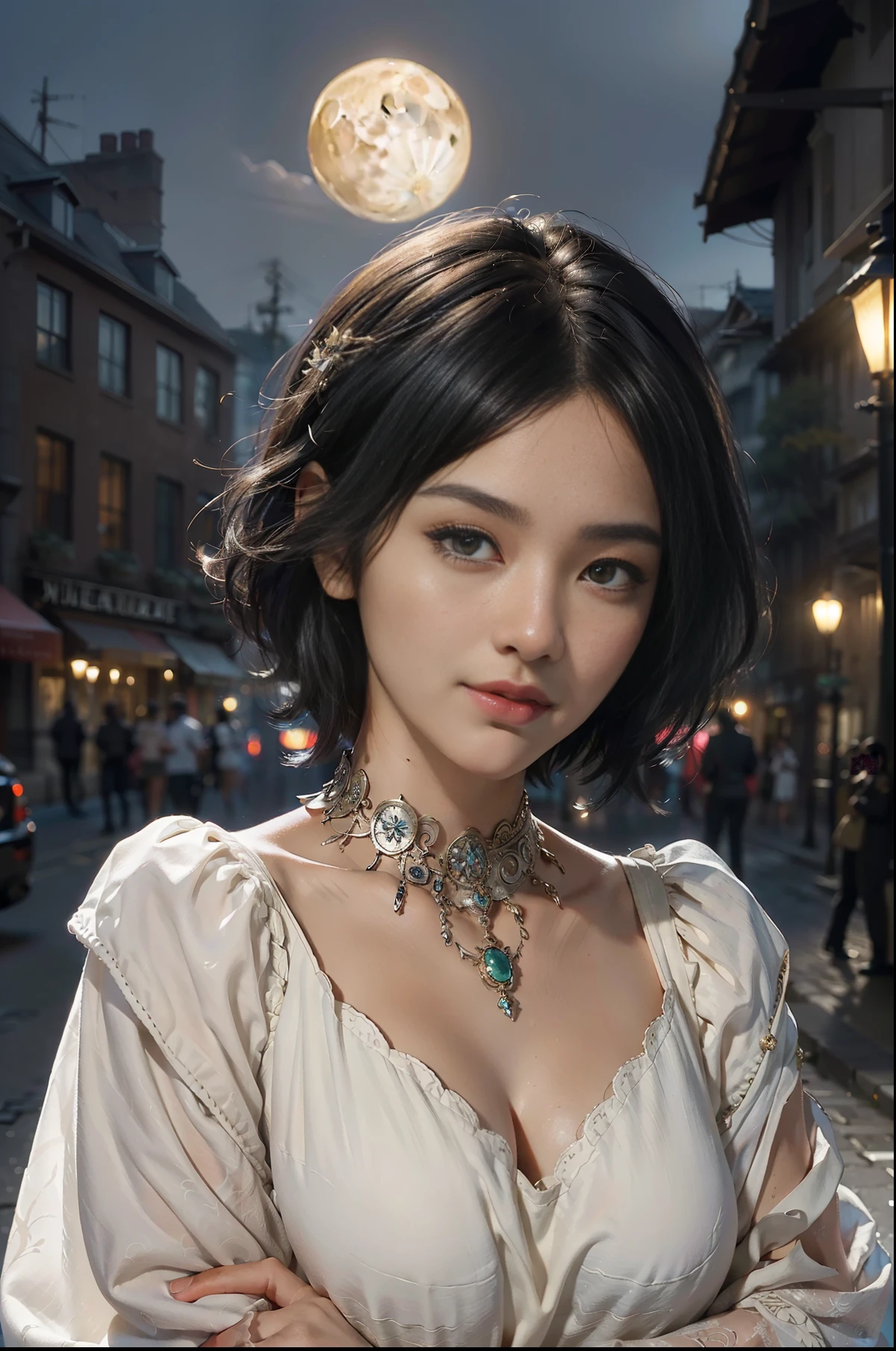 Best quality, masterpiece, ultra high res, (photorealistic:1.4), raw photo,masterpiece, best quality, ultra-detailed, illustration,(halfbody shot,street,moon lamps),Masterpiece, 1girl, solo exhibition, beautiful woman on the bustling street, surrounded by hawkers, beautiful goddess girl portrait, beautiful and detailed face, porcelain skin, (((bust shot, center, night, black hair, short hair)), super soft lighting, symmetry, complexity, elegance, high detail, realism, art, concept art, smile, fantasy clothes,hyperdetailed clothing,