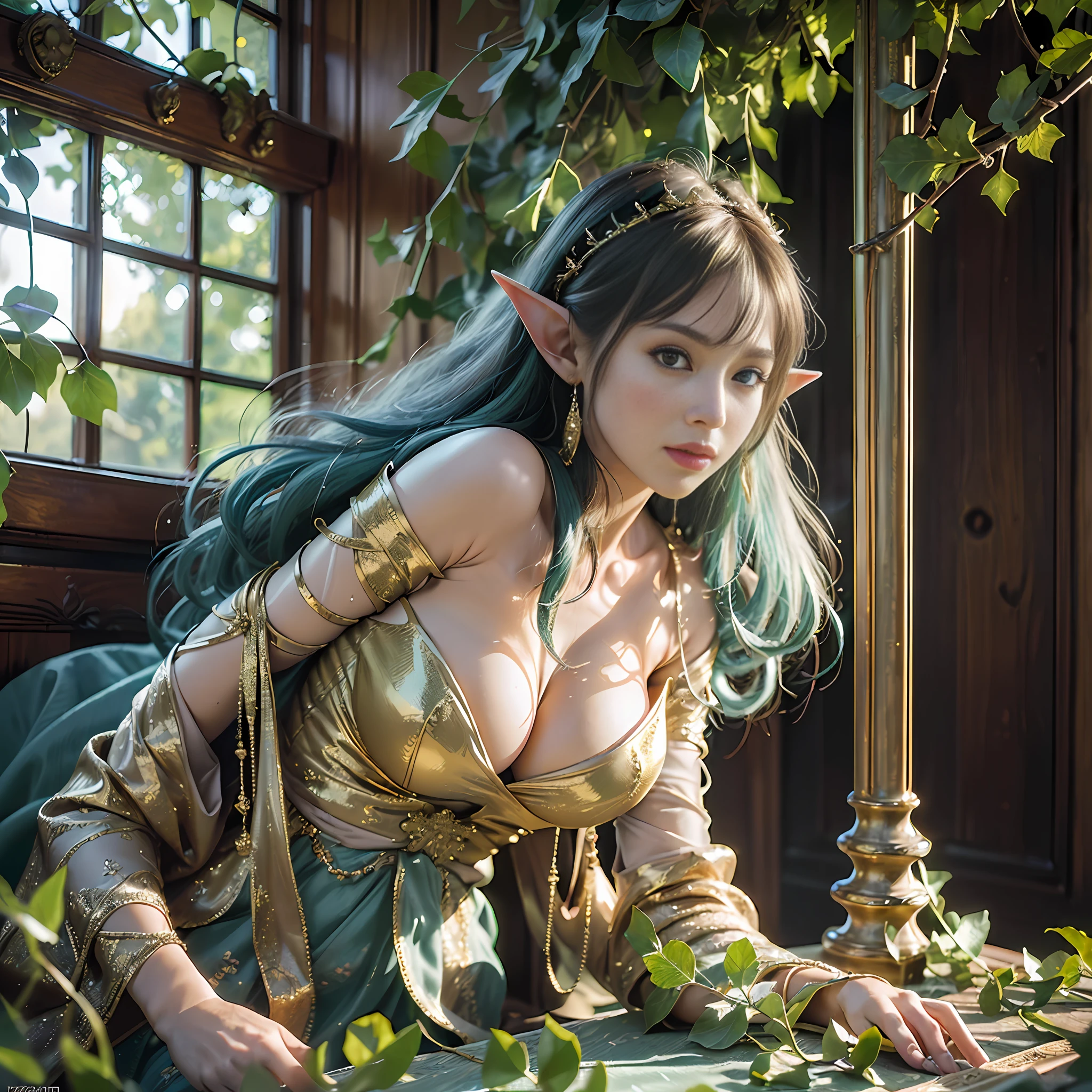 best quality, masterpiece, ultra high res, (photorealistic:1.8), detailed skin, etherial, elf ears, huge mansion, gold walls, climbing ivy, glowing, busty, cleavage, mystical, foggy, translucent