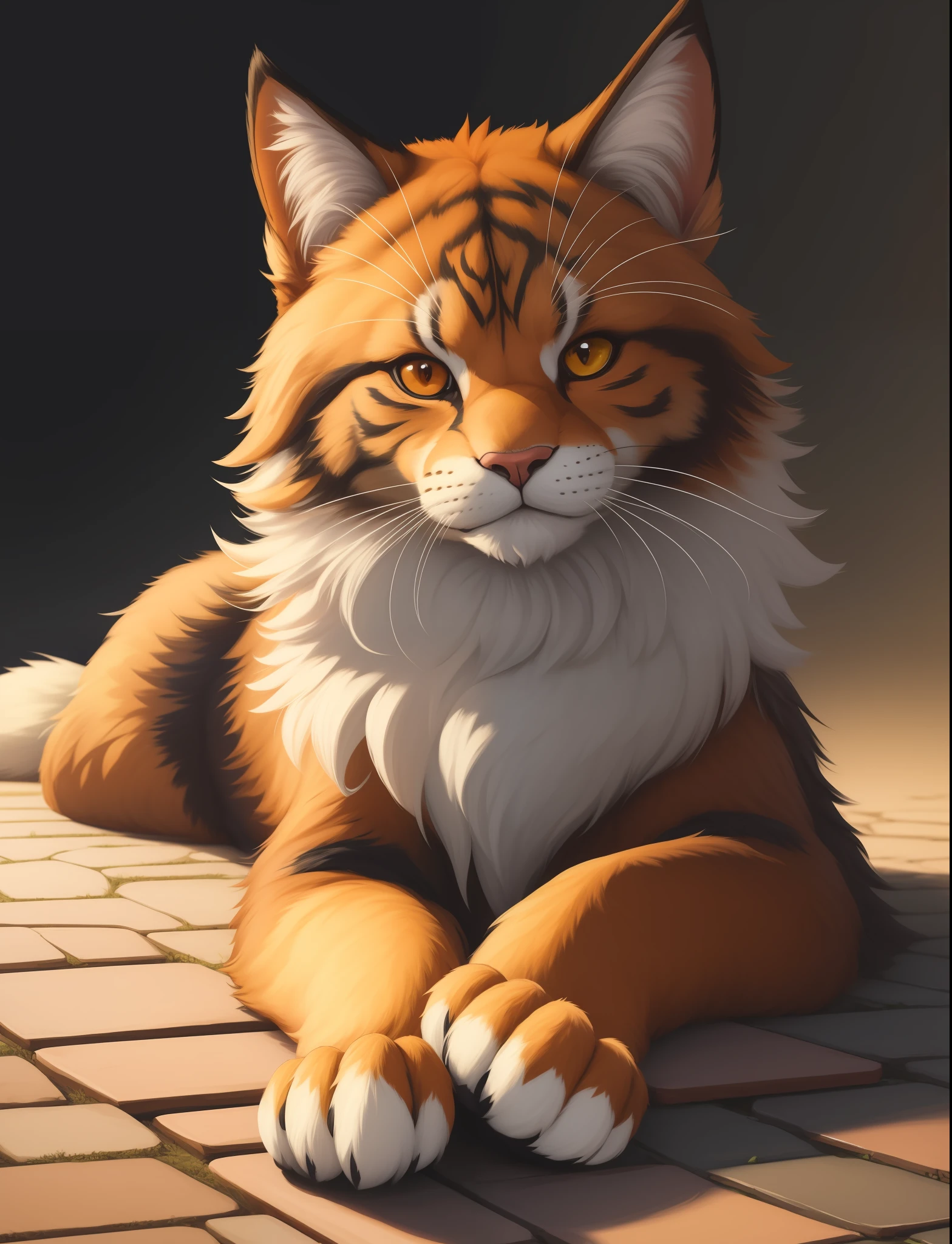 there is a painting of a furry animal laying on the ground, a digital painting by Daarken, Artstation contest winner, furry art, low detailed. digital painting, pov furry art, ultra detail. digital painting, ultradetailed digital painting, very detailed digital painting, detailed digital painting, highly detailed digital painting, furry paw pov art, adorable digital painting