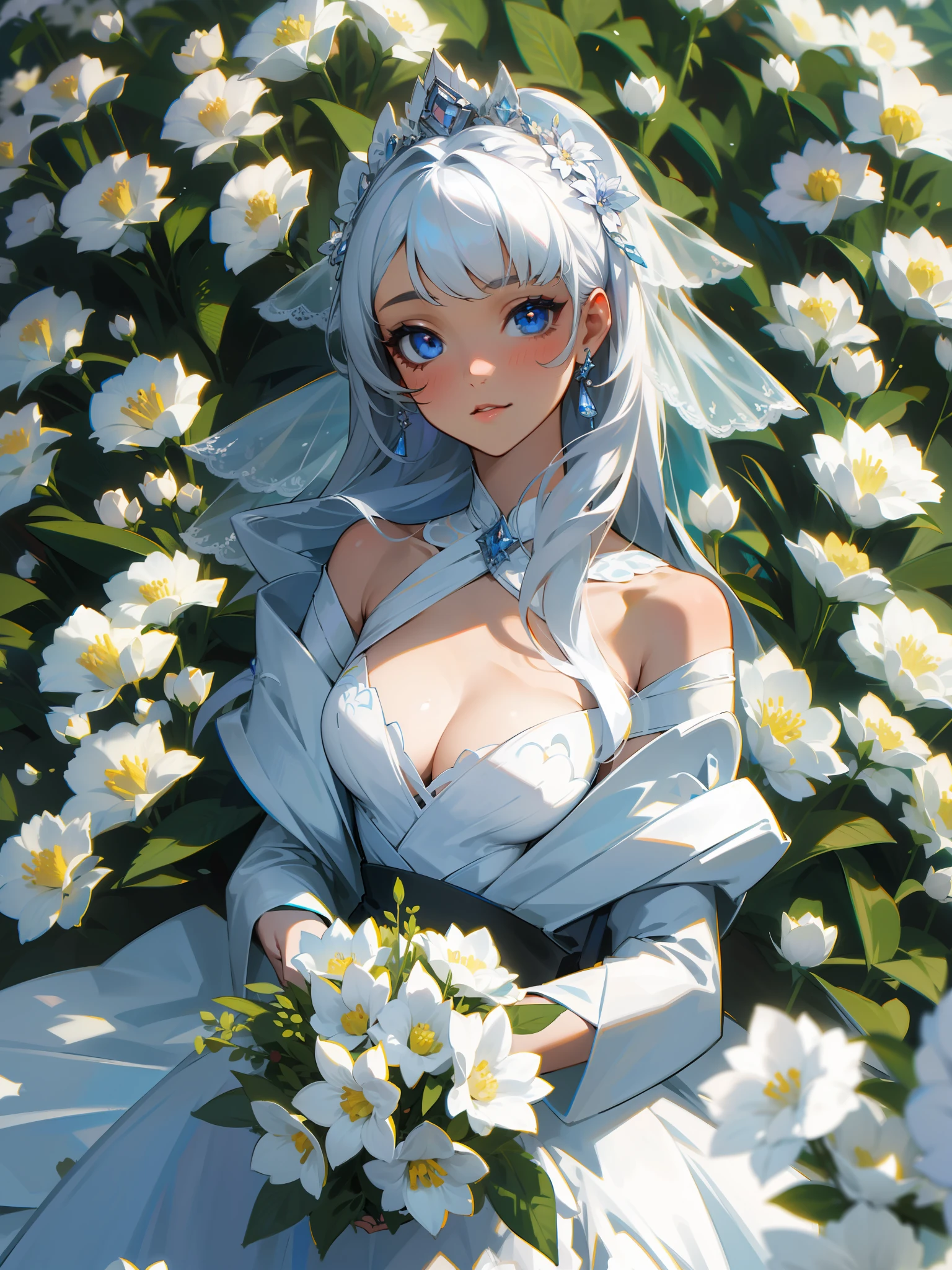 Masterpiece, best quality, from above, 1girl, solo, beautiful face and eyes, withe wedding dress, withe background, upper body, looking at viewers, withe flowers, illustration