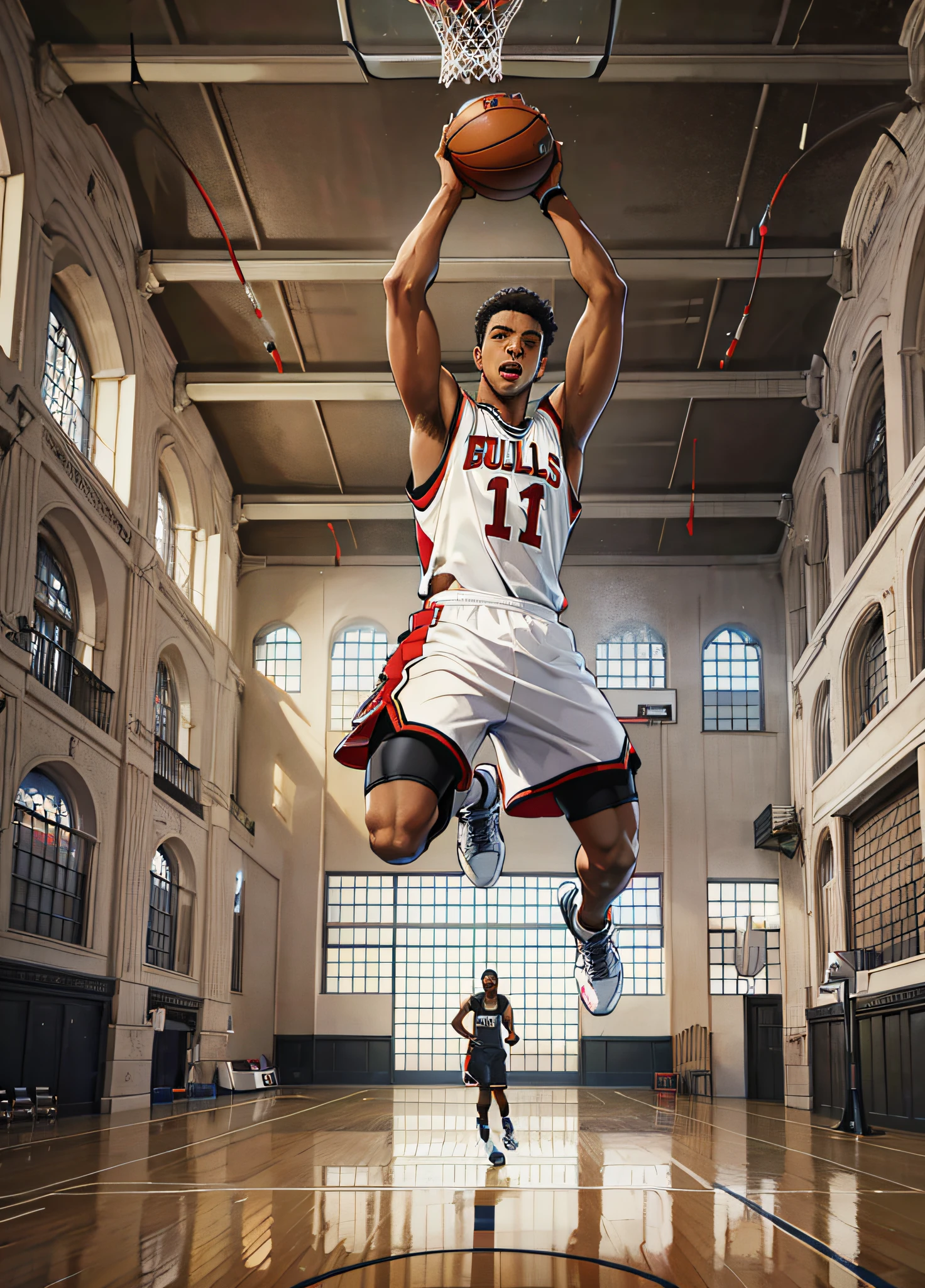 Photo realistic, 1boy, tall, black brown eyes, bulls basketball clothes, black hair, dark skin, african american, nike air shoes, in jumping action, dunking basketball in hoop, sunlight, sports court. high resolution, cinematic, 8k.