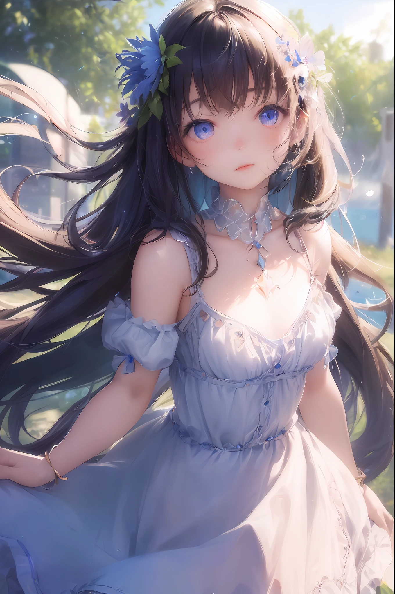 art by Cornflower, dreamy (A petite girl with beautiful and detailed eyes. The depth of field in the photo is perfect, the lens flare adds a nice touch, {{side breast:2}}}, a soaky dress