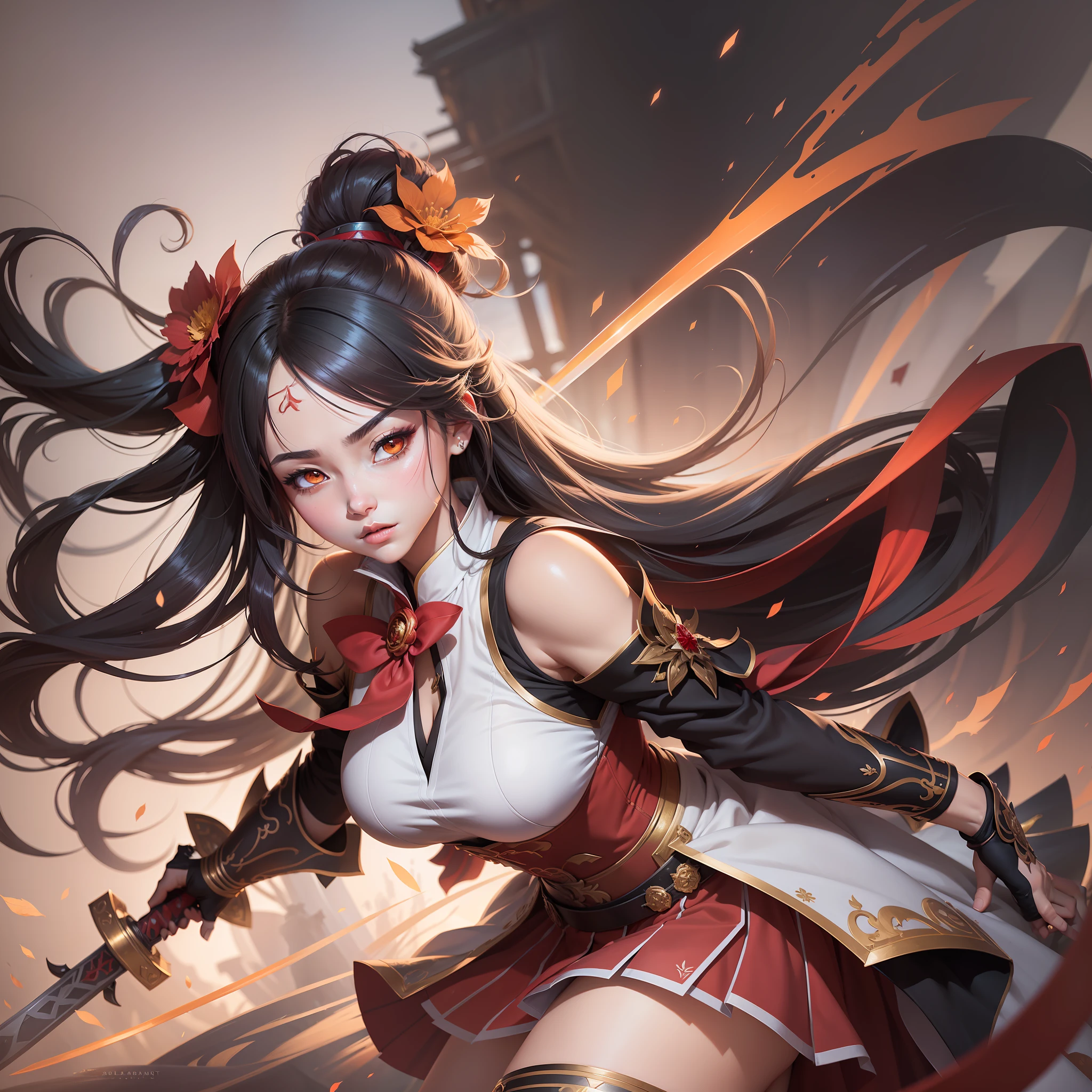 ((high quality)), ((masterpiece)), 8k, 2girls, rays of light, 8k wallpaper of extremely detailed unit CG, cg game, looking at the viewer, Anime Girl with a sword and a red dress with a red flower in her hair, Alice X. Zhang, RossDrew Sakimimichan, She is holding a Katana sword, RossDraws, RossDraw digital painting, :: Rossdraws, RossDraw 1. 0, inspired by Rossdraws, Artgerm. Anime illustration, Rossdraw 2. 5, katana, Anime girl with long hair holding a sword and a red umbrella, beautiful digital art, beautiful character painting, digital fantasy art), onmyoji portrait, stunning digital illustration, detailed onmyoji art, guweiz style art, detailed digital anime art, fantasy art style, rossdraw 1. 0, RossDraw digital painting