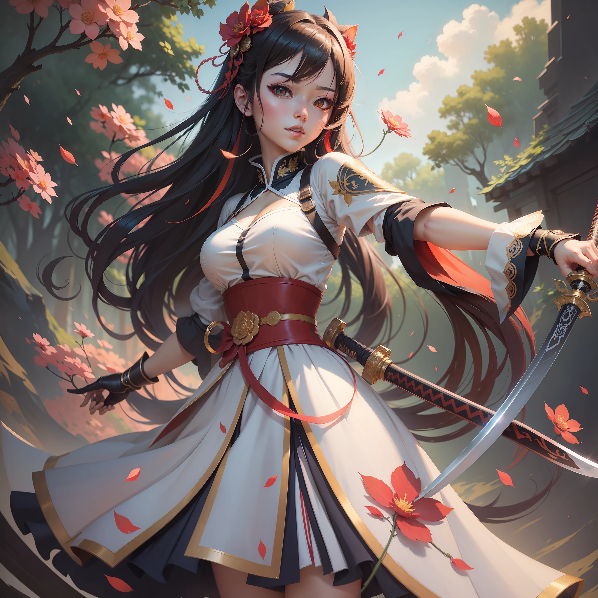 ((high quality)), ((masterpiece)), 8k, 2girls, rays of light, 8k wallpaper of extremely detailed unit CG, cg game, looking at the viewer, Anime Girl with a sword and a red dress with a red flower in her hair, Alice X. Zhang, RossDrew Sakimimichan, She is holding a Katana sword, RossDraws, RossDraw digital painting, :: Rossdraws, RossDraw 1. 0, inspired by Rossdraws, Artgerm. Anime illustration, Rossdraw 2. 5, katana, Anime girl with long hair holding a sword and a red umbrella, beautiful digital art, beautiful character painting, digital fantasy art), onmyoji portrait, stunning digital illustration, detailed onmyoji art, guweiz style art, detailed digital anime art, fantasy art style, rossdraw 1. 0, RossDraw digital painting