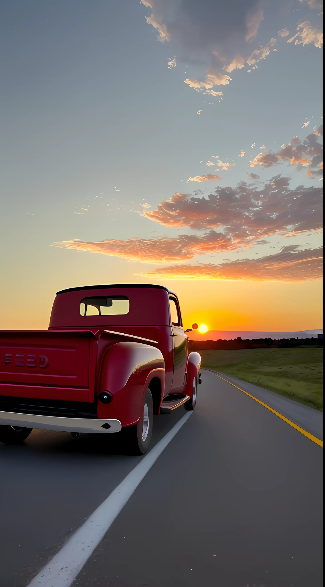Lonely, lonely on the road. (Only a 1950 ford pick-up) worn paint (((view from behind))) The sky is orange-red sunset, the clouds are beautiful and romantic, and there is a bit of dark purple in the sky. The whole picture gives a strong sense of loneliness, melancholy and romance. Please use the best image quality and details, high quality, UHD, 16k, highres.