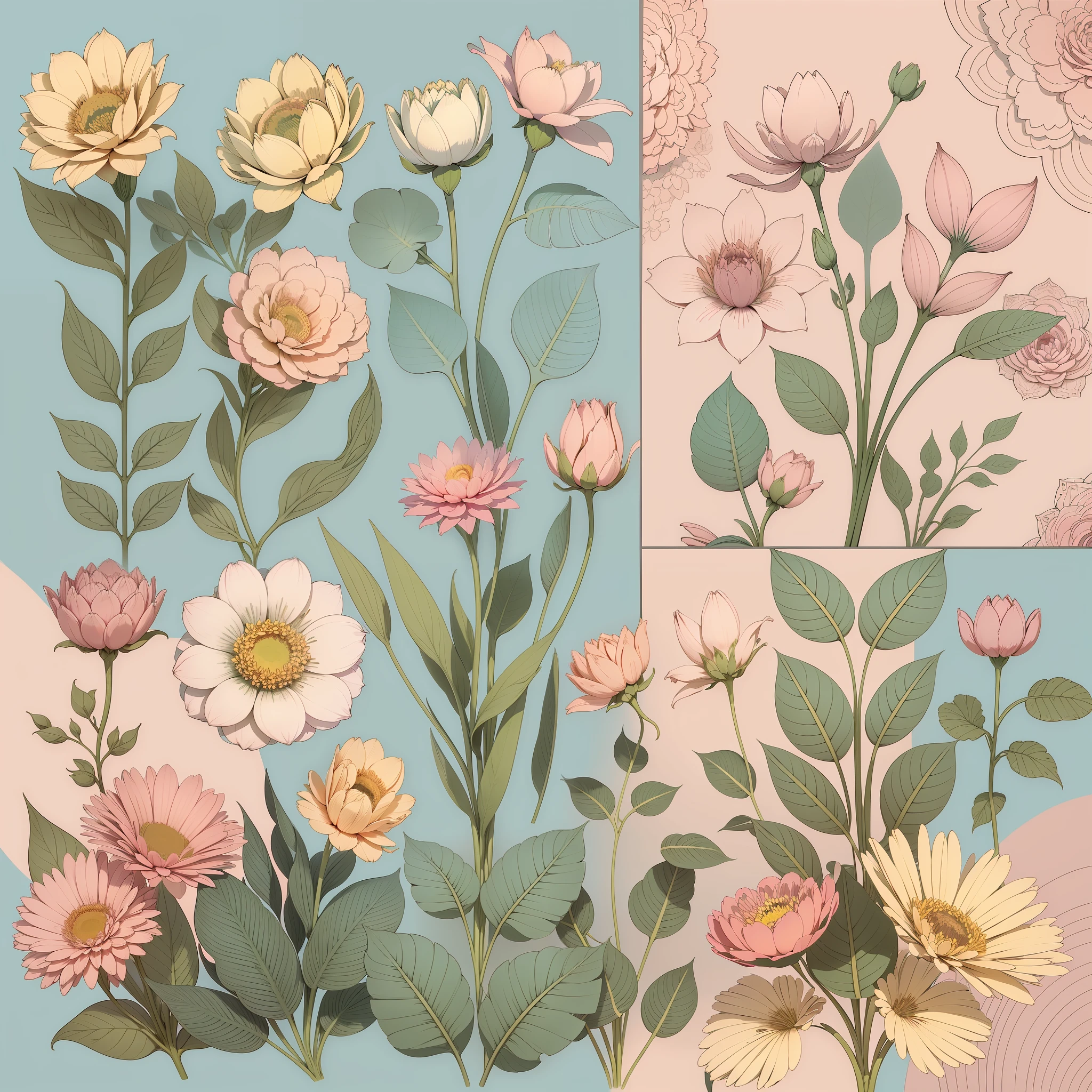 Set pattern of large flowers with plants, defined shape, flat style, vector style, drawing style, naïve style, wallpaper style, in soft pastel colors such as old pink, pastel blue, light blue, beige, pastel yellow. No shadows in the images.