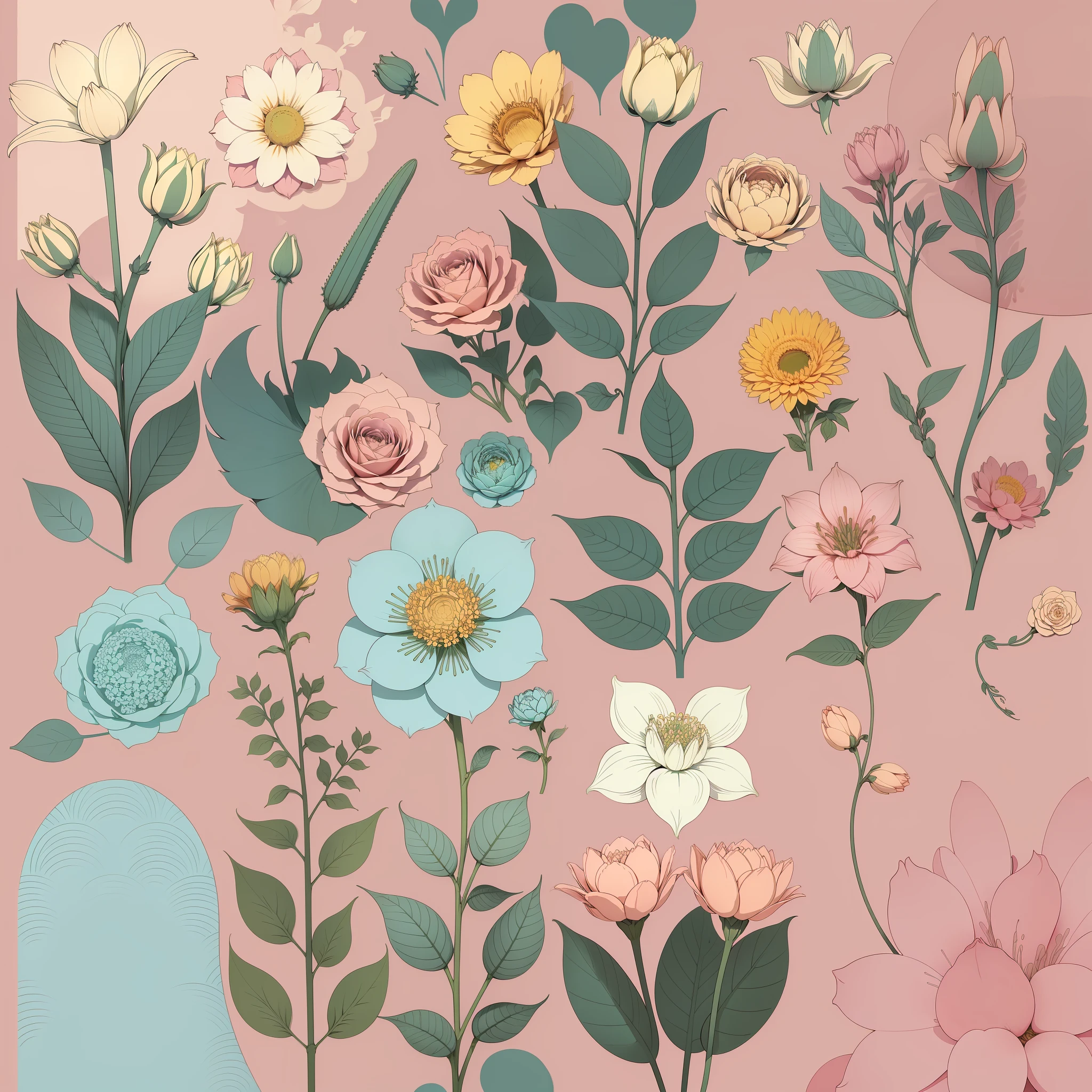 Set pattern of large flowers with plants, defined shape, flat style, vector style, drawing style, naïve style, wallpaper style, in soft pastel colors such as old pink, pastel blue, light blue, beige, pastel yellow. No shadows in the images.