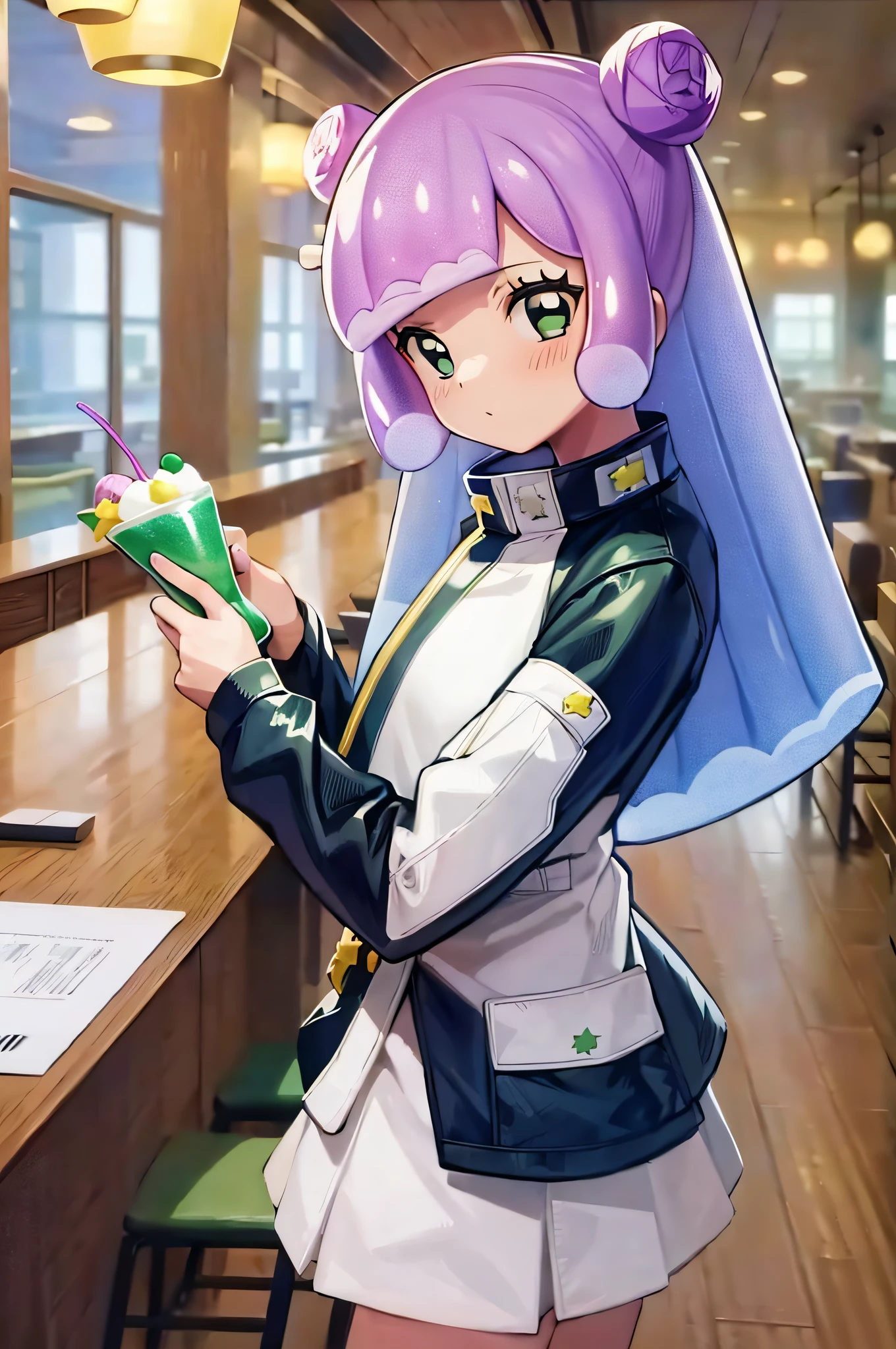 masterpiece, best_quality, 1girl, solo, puniru \(puniru wa kawaii slime\), puniru wa kawaii slime, gradient hair, bangs, green eyes,((double bun)), in a restaurant