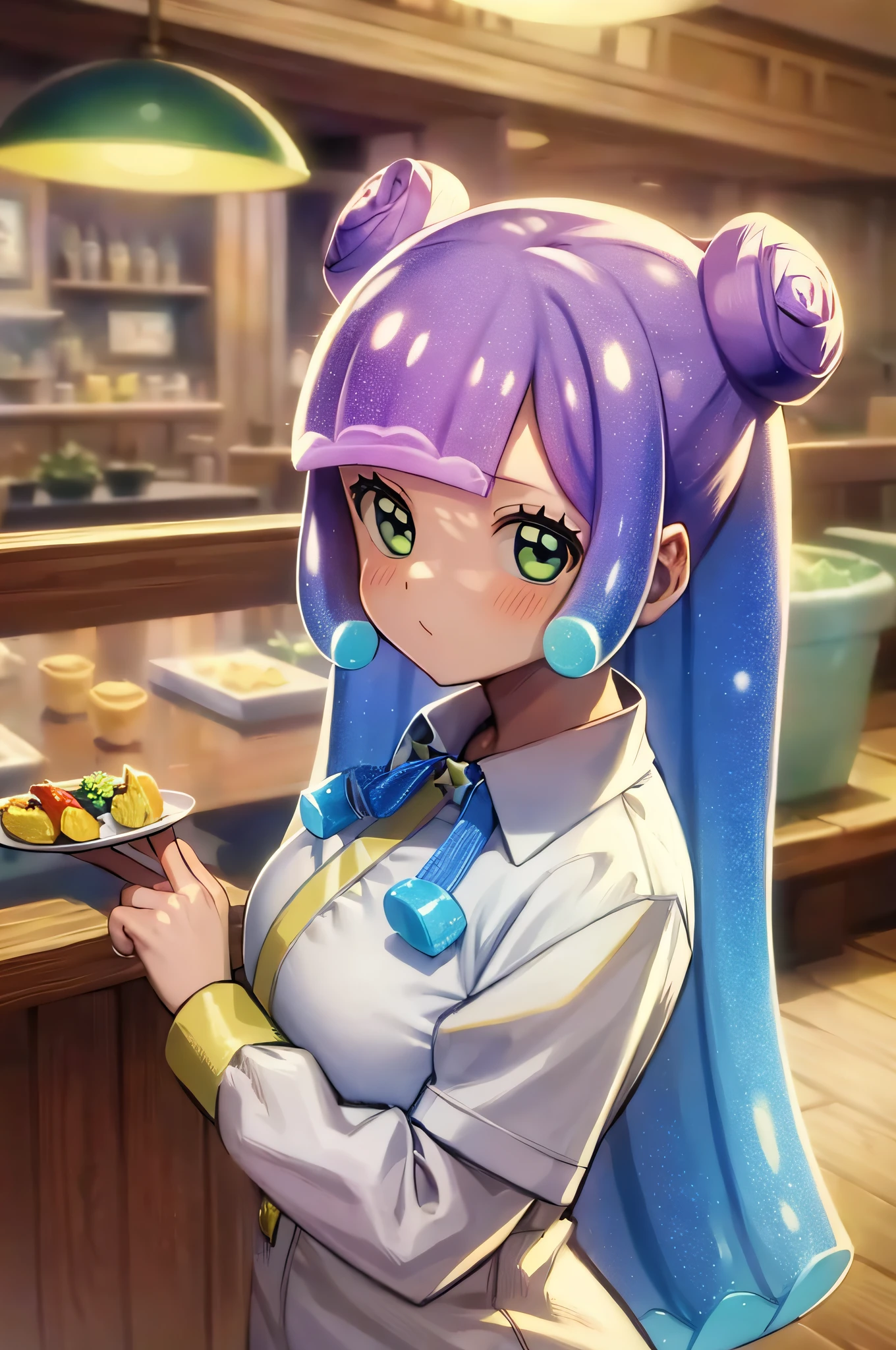 masterpiece, best_quality, 1girl, solo, puniru \(puniru wa kawaii slime\), puniru wa kawaii slime, gradient hair, bangs, green eyes,((double bun)), in a restaurant