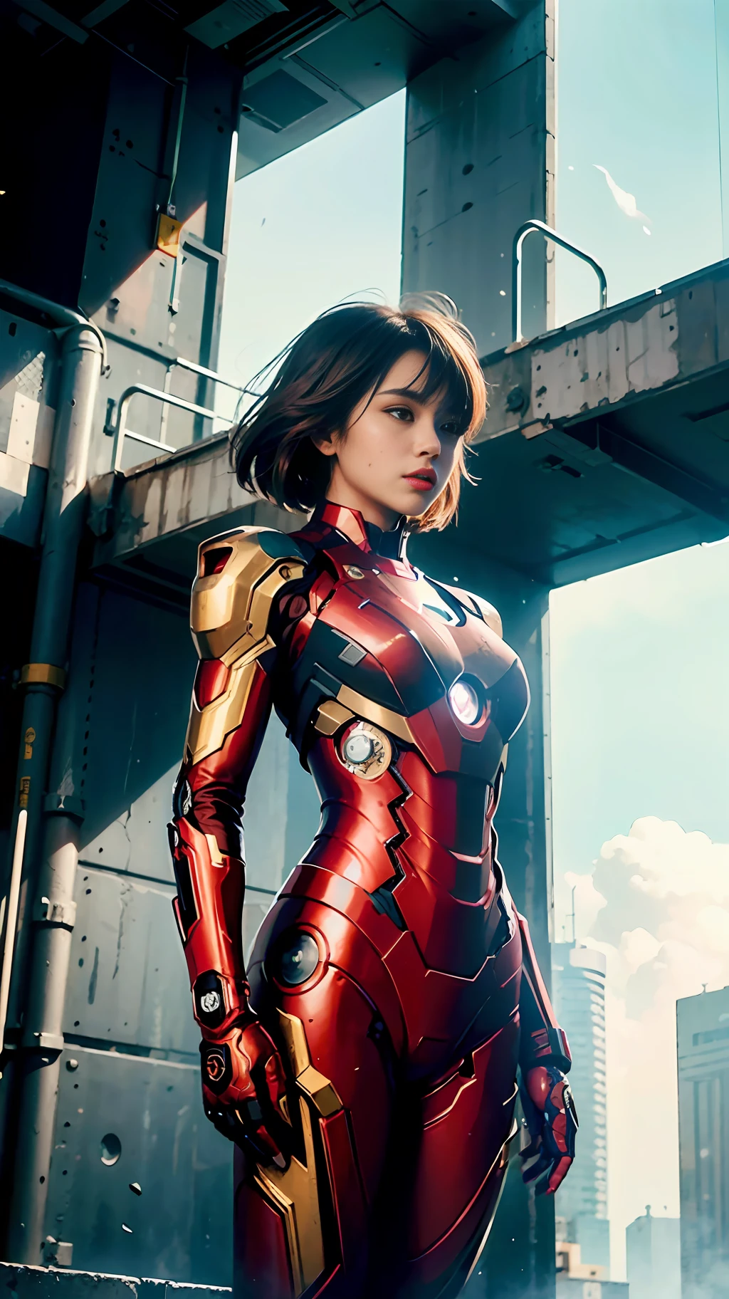 (1girl:1.3), solo, __body-parts__, official art, unified 8k wallpaper, super detailed, beautiful and aesthetic, beautiful, masterpiece, best quality, raw, masterpiece, super fine photo, best quality, super high resolution, photorealistic realism, sunlight, full body portrait, amazing beauty, dynamic pose, delicate face, vibrant eyes, (viewed from the side), she is wearing futuristic Iron Man mech, red and gold color scheme, very detailed abandoned warehouse background, Detailed face, detailed complex busy background, messy, gorgeous, milky white, highly detailed skin, realistic skin details, visible pores, sharp focus, volumetric fog, 8k uhd, DSLR camera, high quality, film grain, fair skin, photo realism, lomography, background in a huge metropolis in a futuristic dystopia, a man flying in the air, seen from below, translucent