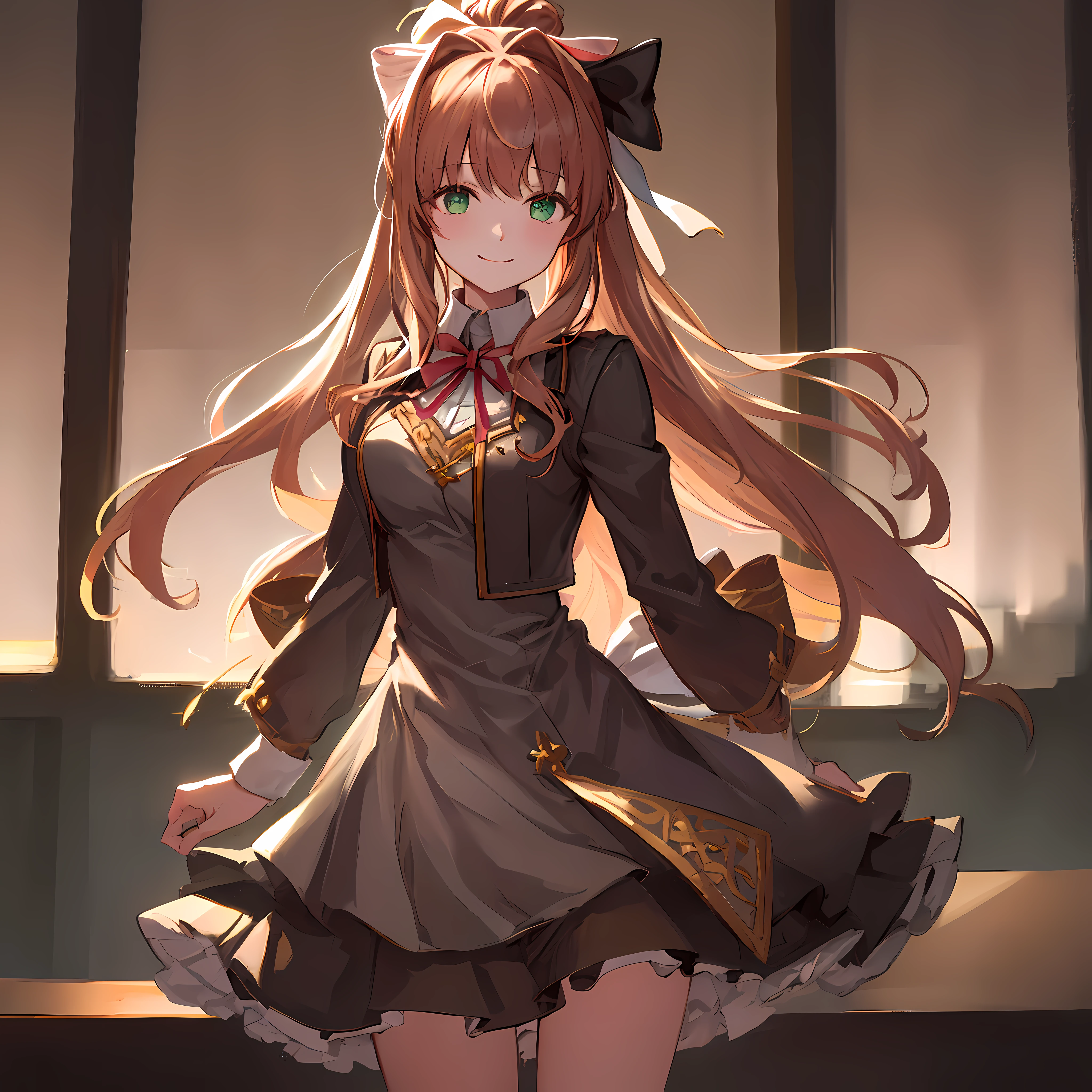 Monika in an office, beautiful lightning, bokeh, dress, alternate clothes, chest accesories, ornate dress, fashion dress, sun rays, fisheye, front view, 2d, masterpiece, best quality, anime, highly detailed eyes, highly detailed face, highly detailed background, perfect lighting, bokeh, cowboy shot, feet out of frame, 1girl, solo, classroom, school uniform, monika \(doki doki literature club\), doki doki literature club, alternate clothes, brown hair, very long hair, white bow, hair bow, ponytail, green eyes, medieval clothes, ornate dress, closed jacket, standing, (leaning forward:0.8), (arms behind back:1.2), smile