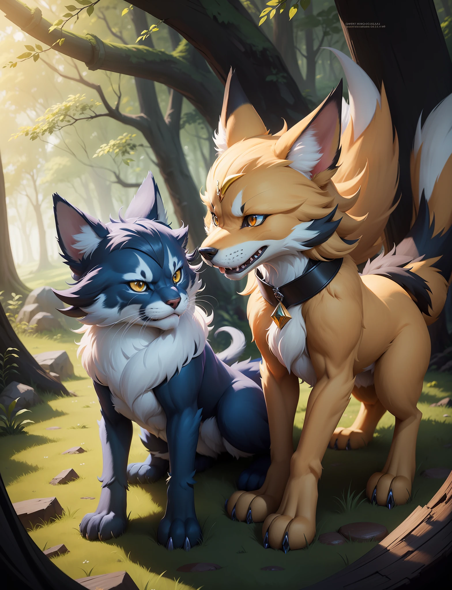 painting of a dog and a cat playing together in the woods, a digital painting by Yang J, pixiv contest winner, furry art, furry fantasy art, adorable digital painting, portrait of zeraora, illustration pokemon, very very beautiful furry art, full art, furry art!!!, detailed fanart, high quality fanart, furry digital art, highly detailed digital painting