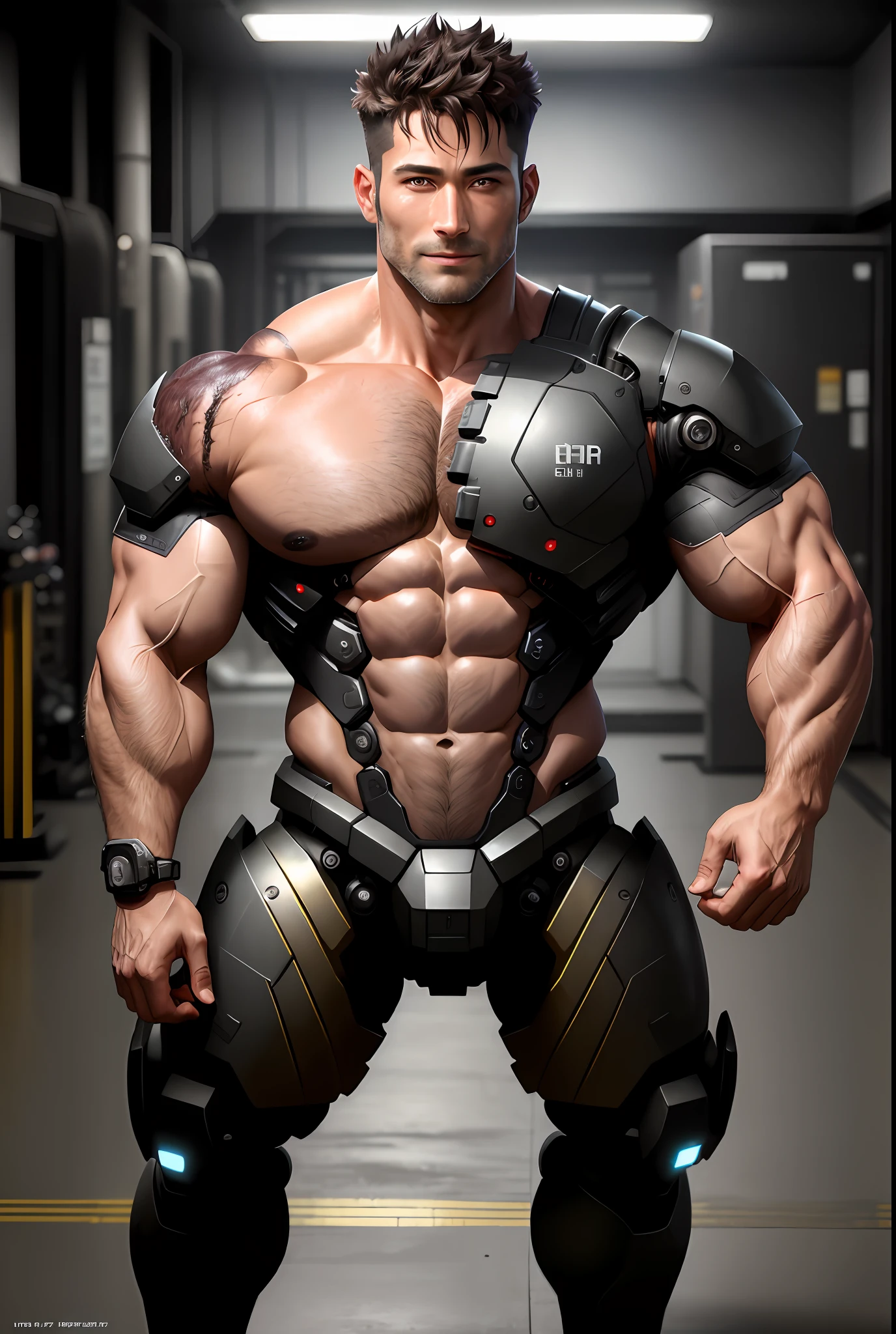 (robotic body, dirty body, dark environment, monster, ), HD, 8k, (ultra realistic), (hyper realistic), (full body), (full body view), detailed background, detailed eyes, realistic eye, better eyes, looking at the camera, facing the camera, handsome, masterpiece, best quality, male focus, muscular male, stud, hairy body, asian men, hunk, abs, ripped muscle, looking at viewer, , smooth skin, veiny muscle, blushing chest, blushing, bulge, nsfw, hair showing, 40 years old