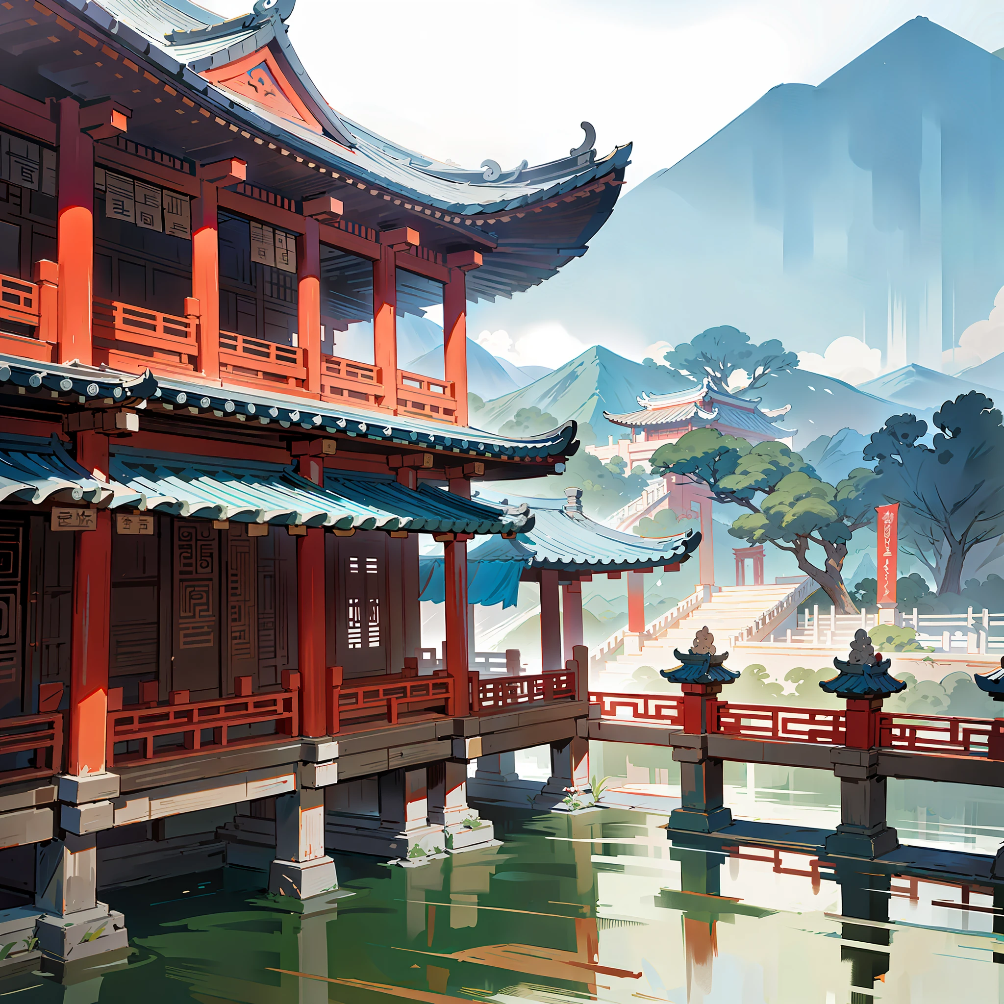 Ancient Chinese architecture, pavilions, carved beams and painted columns, beautiful mountains and rivers, ink painting style, clean color, blank space, freehand, masterpiece, super detailed, epic composition, high quality, highest quality, 4k --v 6