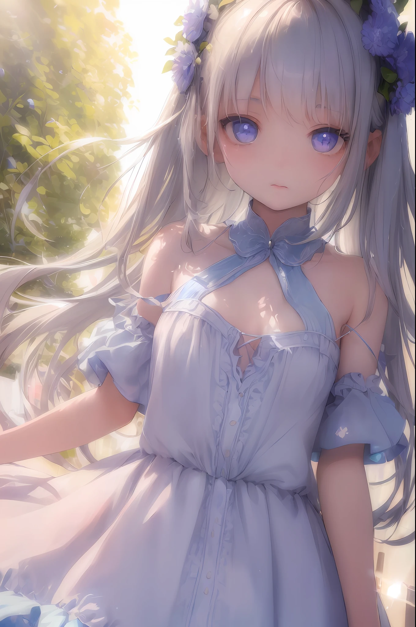 art by Cornflower, dreamy (A petite girl with beautiful and detailed eyes. The depth of field in the photo is perfect, the lens flare adds a nice touch, {{side breast:2}}}, a soaky dress