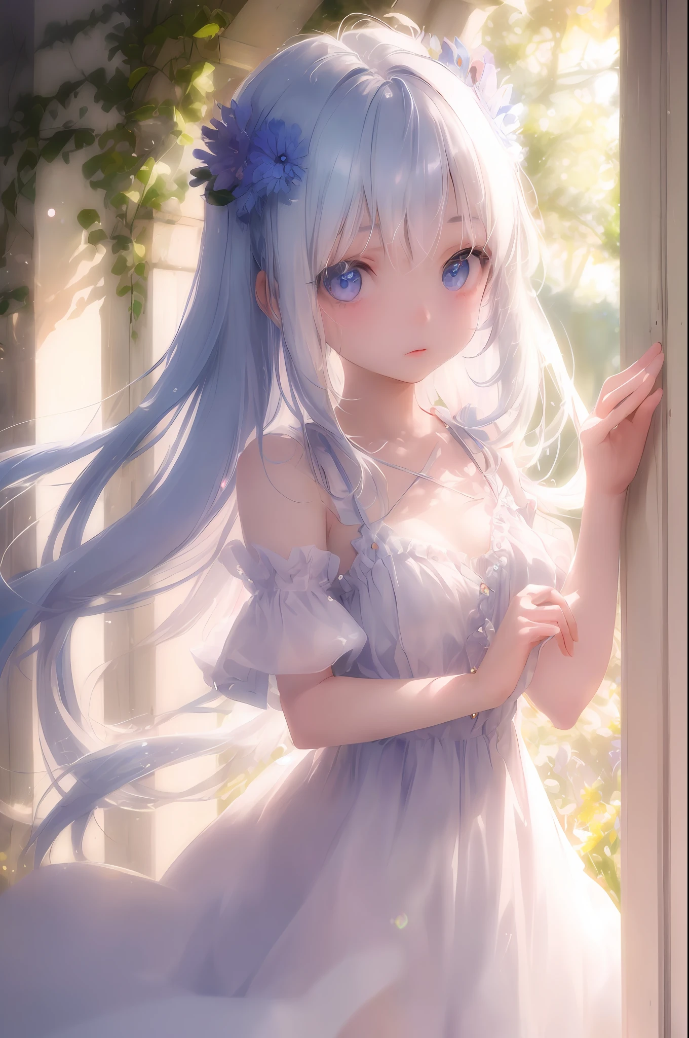 art by Cornflower, dreamy (A petite girl with beautiful and detailed eyes. The depth of field in the photo is perfect, the lens flare adds a nice touch, {{side breast:2}}}, a soaky dress