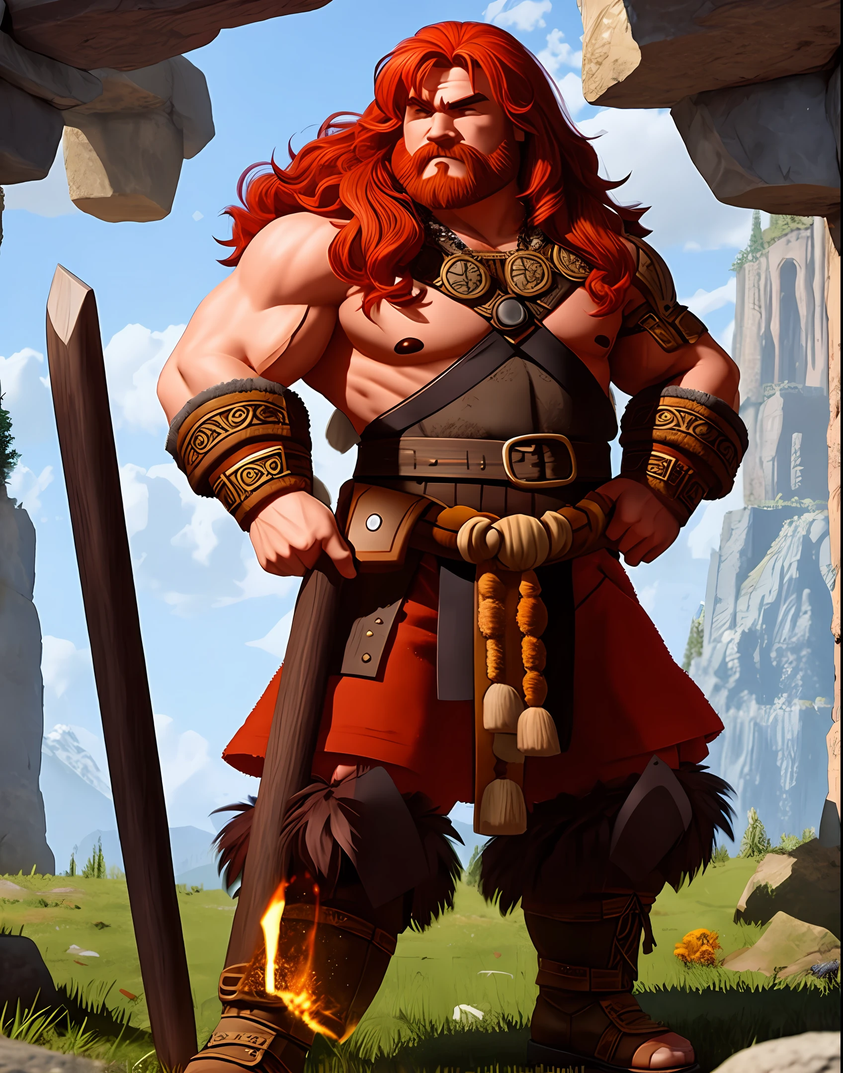 Dwarf, barbarian, redheaded, light-eyed, muscular, wielding two pairs of axes, medieval style 3d