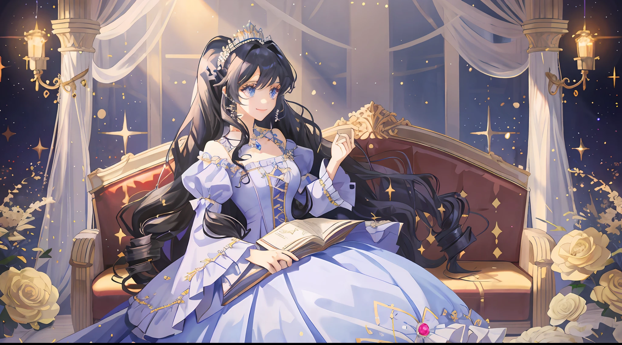Dramatic composition, court-style dresses, royal, gorgeous, cascading frills, ruffles, bows, crystal chandeliers, Roman curly hairstyles, ponet, double ponytails like drills, look at the camera, bangs, maximalism, palatial background, delicate portrayal of hair and eyes, princess dresses, gorgeous skirts, flowers in hand, smiles, starry eyes, cinematic light, extreme detail, high definition, happy girl, very long hair, diamonds, broken diamonds, crystal fragments, light particles