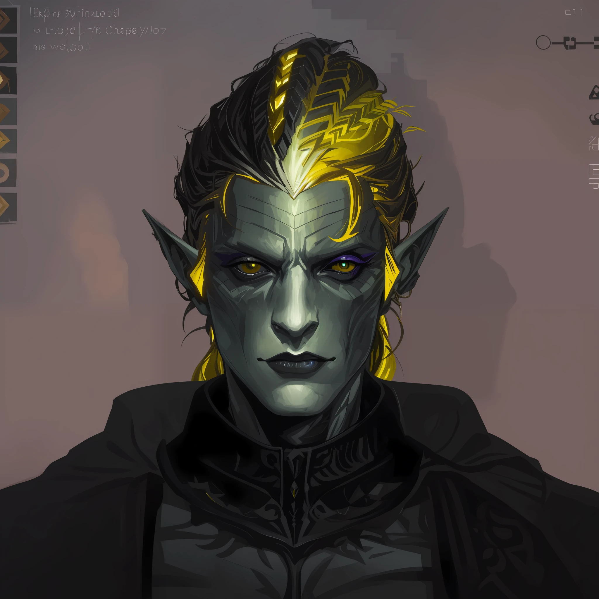 A digital gouache painting portrait of a male dark elf, Black elegant medieval clothes:1.5, proud demeanor, mad facial expression:1.2, (((epic highlights))), ((thin lips)), strong handsome male features, graphic novel character, concept character art, cartoon, realistic features, precise correct ???????, hyper detailed, 2d painting, glossy, 8k, hyper detailed painting texture
