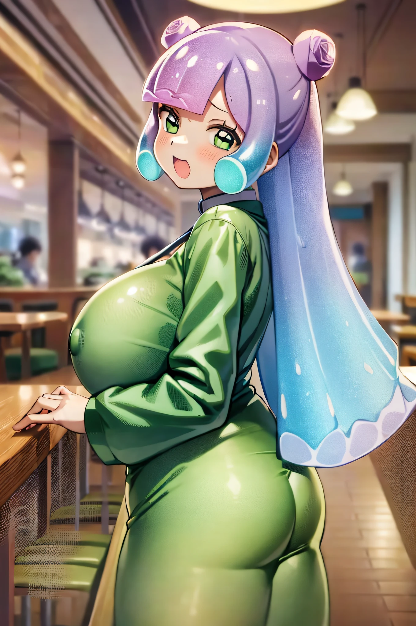 masterpiece, best_quality, 1girl, solo, puniru \(puniru wa kawaii slime\), puniru wa kawaii slime, gradient hair, bangs, green eyes,((double bun)), in a restaurant,oppai,big boobs,