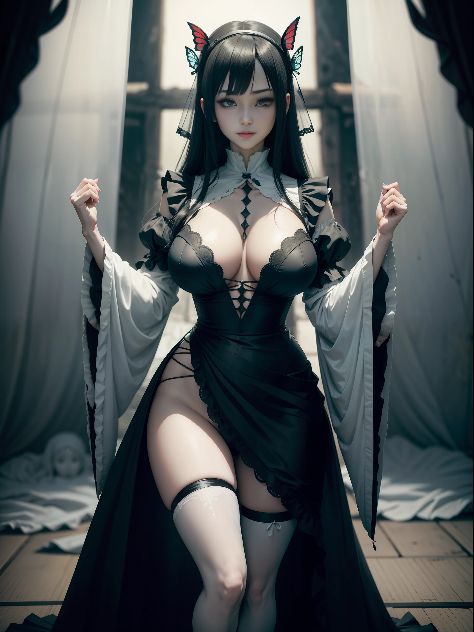 ((Full body photo)), Fatal Frame Crimson butterfly, a woman and a ghost/zombie, she is wearing a black maid outfit with white parts, extremely tight in the body, half ripped in the body, with a maid headdress on her head, has eyes green, long black hair, her clothes are wet and semi transparent, she is looking at the viewer with a smile. The ghost is a woman with short white hair, blue eyes, is behind her in a white semi-transparent costume, has large breasts and tight clothes on her body holding her from behind, they are in a macabre ancient Japanese village at night with light rain and strong wind, Fatal Frame Crimson butterfly, anime, Terror, 16k, best quality, highres, high details, UHD, masterpiece