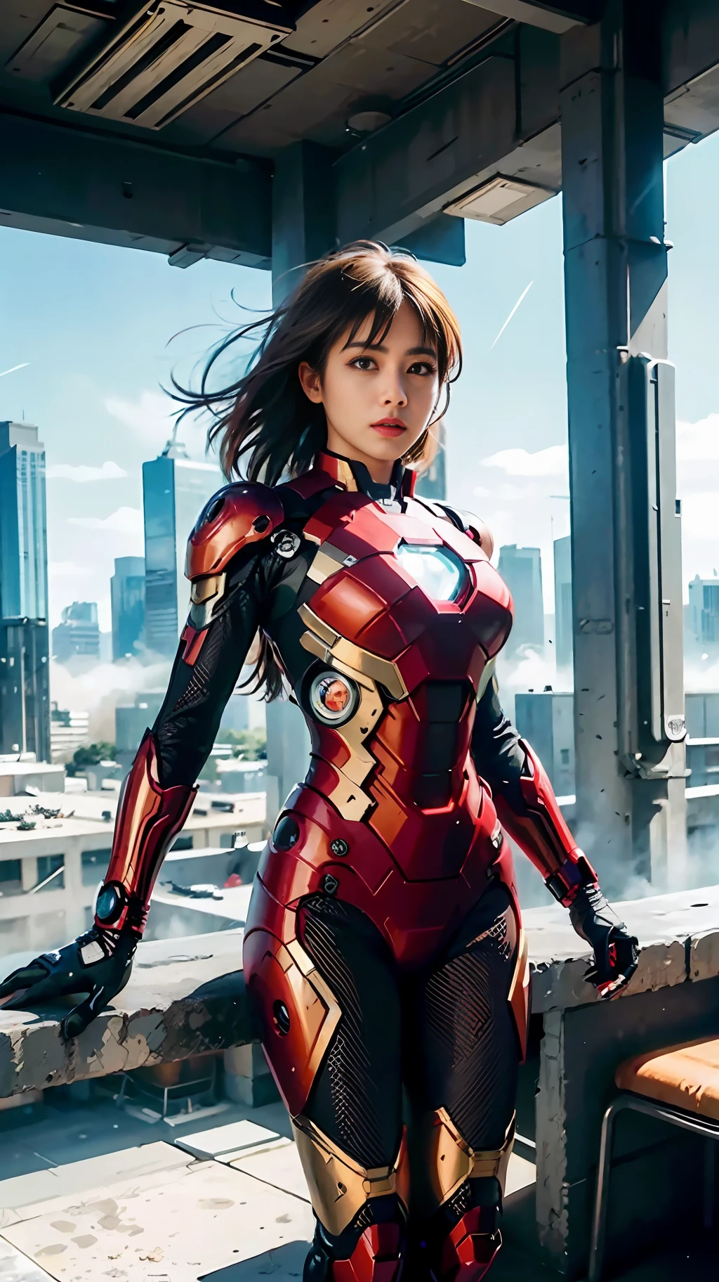 (1girl:1.3), solo, __body-parts__, official art, unified 8k wallpaper, super detailed, beautiful and aesthetic, beautiful, masterpiece, best quality, raw, masterpiece, super fine photo, best quality, super high resolution, photorealistic realism, sunlight, full body portrait, amazing beauty, dynamic pose, delicate face, vibrant eyes, (viewed from the side), she is wearing futuristic Iron Man mech, red and gold color scheme, very detailed abandoned warehouse background, Detailed face, detailed complex busy background, messy, gorgeous, milky white, highly detailed skin, realistic skin details, visible pores, sharp focus, volumetric fog, 8k uhd, DSLR camera, high quality, film grain, fair skin, photo realism, lomography, flying in the air of the futuristic city, seen from below, translucent