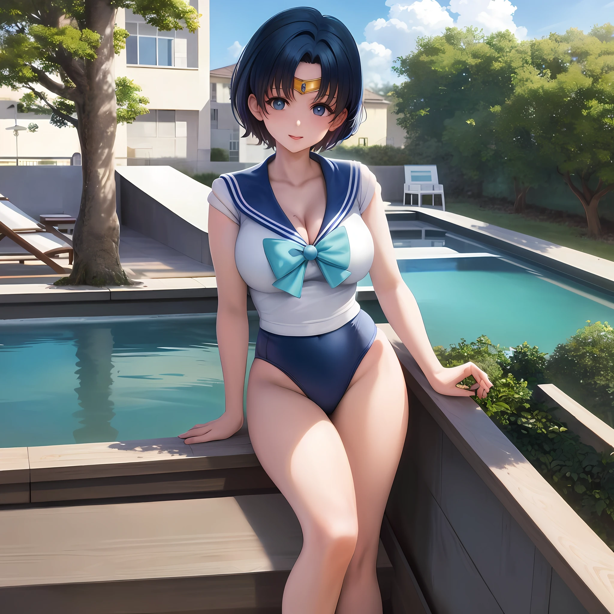 Masterpiece, Best Quality, High Resolution, Sailor Mercury, Navy Blue School Swimsuit, Worm, Poolside, Embarrassing Look, (big:1.2), Deep Cleavage, Seductive Anime Girl, Realistic Schoolgirl, Smooth Anime CG Art, Seductive Anime Girl, Realistic Schoolgirl, Smooth Anime CG Art, One Woman, (Mekosuji: 1.2), Solo