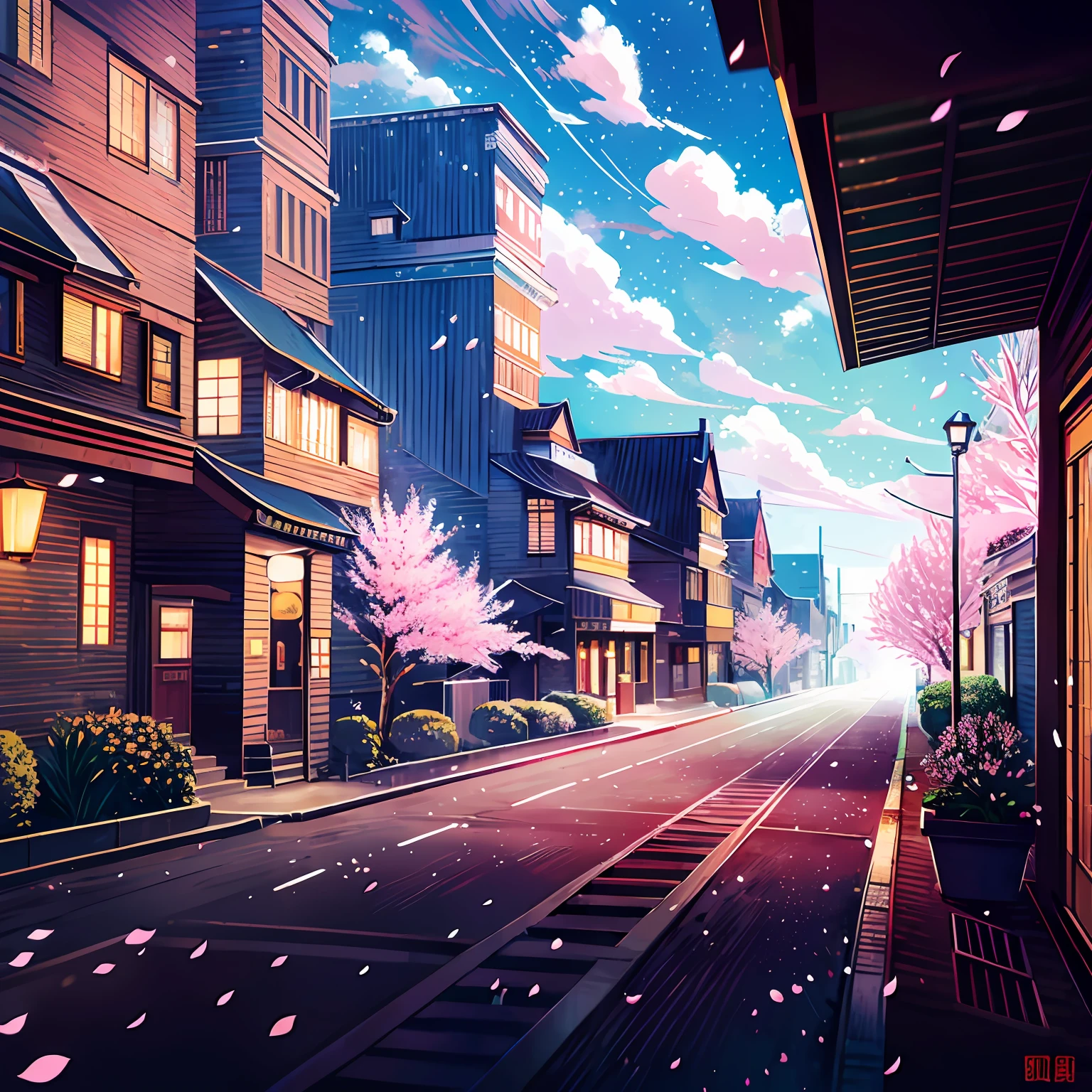 masterpiece, best quality, a city landscape with some sakura trees on the side near a highschool building, there is a light traffic on the street, some birds in the sky, wide view, anime screenshot, anime style drawing, sky visible