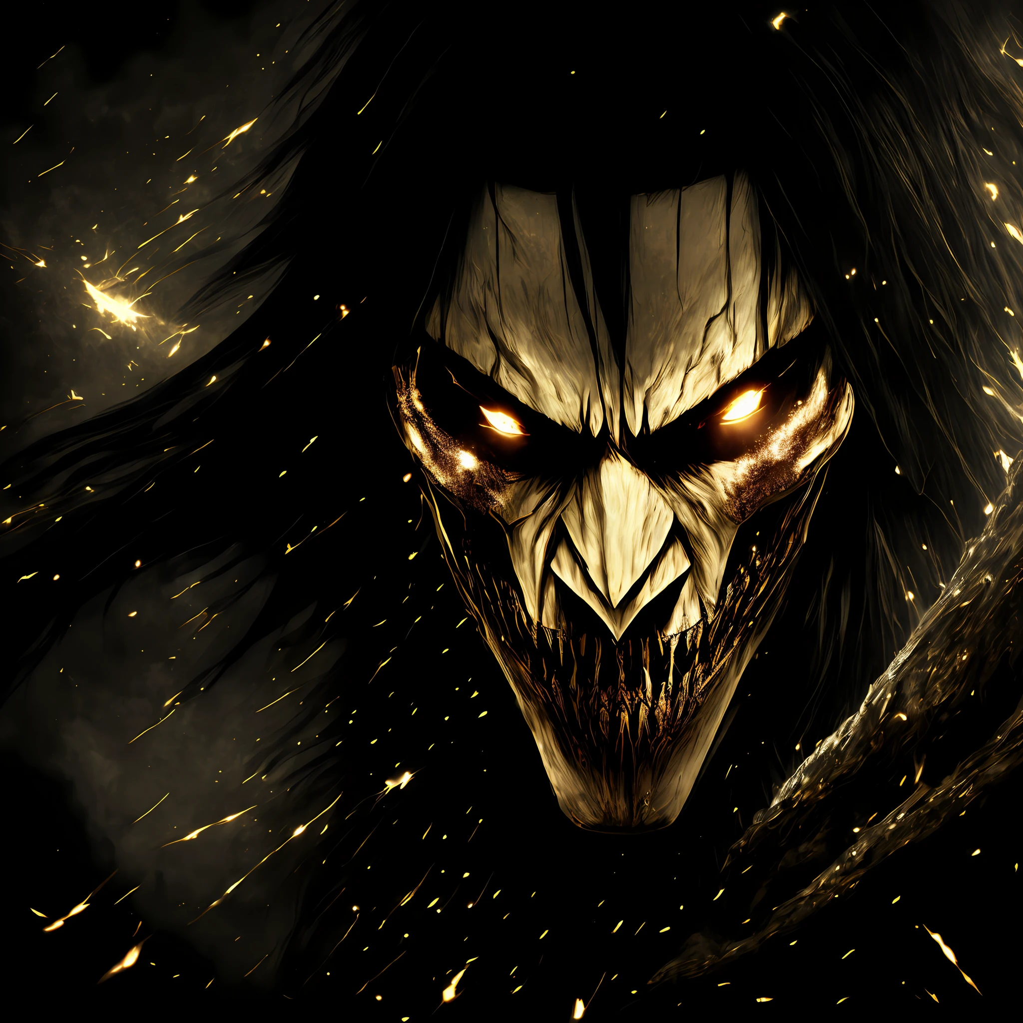 Titan attack from Attack on Titan, face portrait, Giant humanoid creature, thin Massive size, Sharp teeth, light yellow sparks perfect eyes , Long straight Black hair, blood Black tears, Sad, Lack of skin or flesh in some area