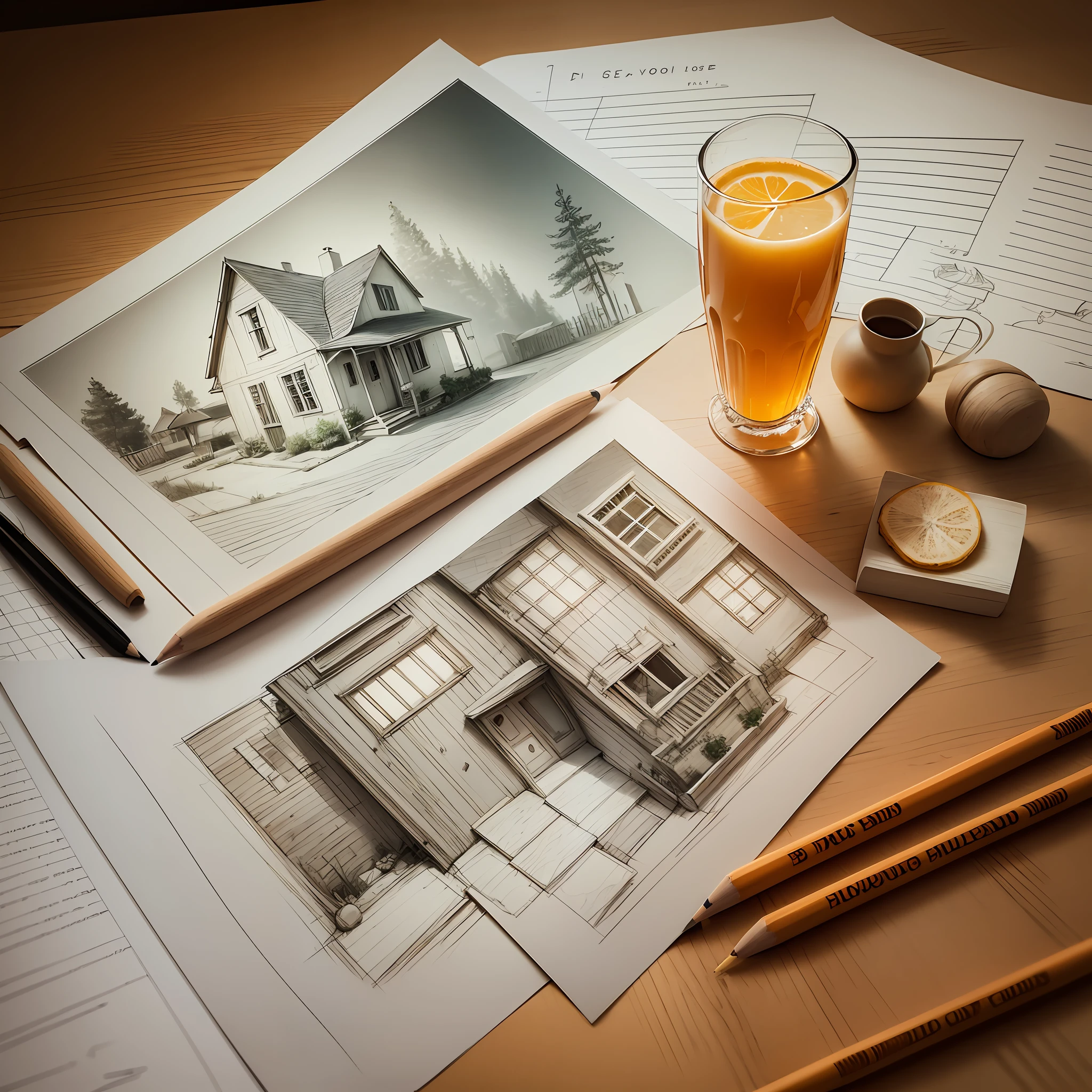 A house is drawn in sketch style in a picture book, sketches, drawings, pencil drawings, a glass of orange juice on the table, baguettes, wooden tabletops