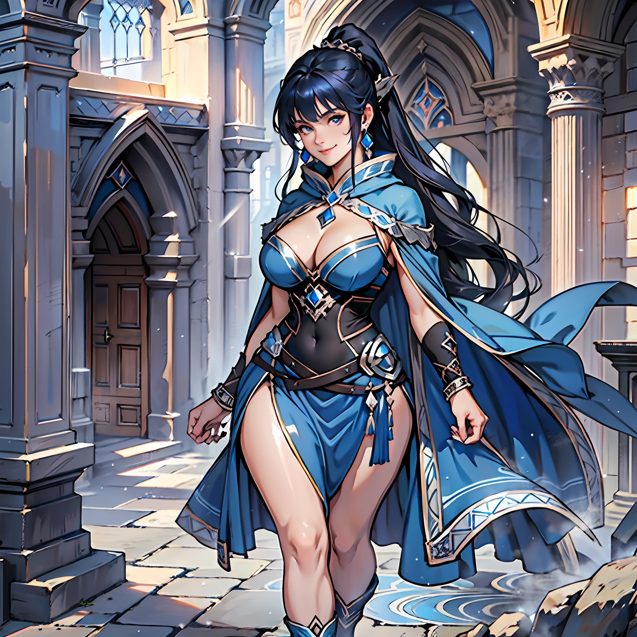 Dark blue hair, ponytail, bangs, noble blue dress, black cloak with white hood, large breasts, curvy woman, thin waist, thick legs, medieval blue boot, room with blue crystals, dark brown colored eyes, silver bracelets, sapphire earrings, blue female sock, smile, mature woman, wearing magic, walking.