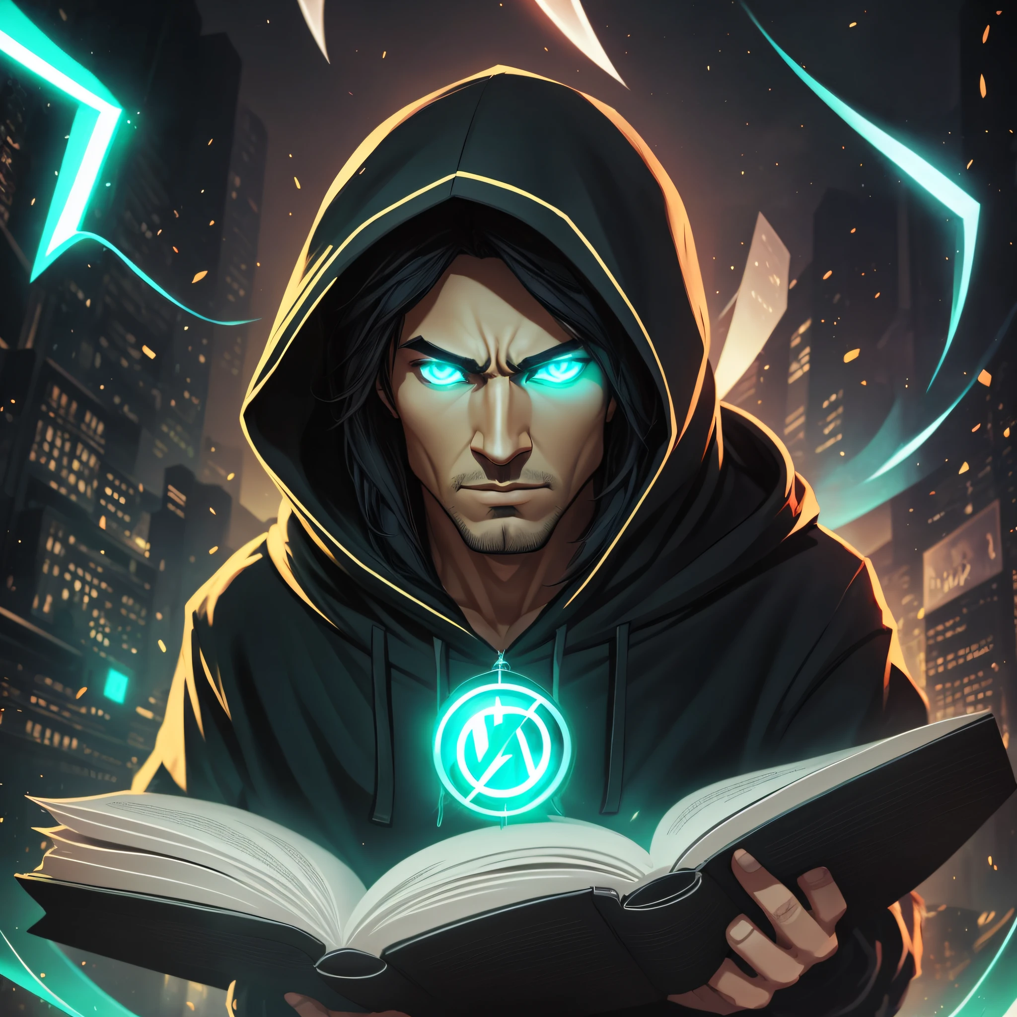 Arafed man in a black hoodie holding a book that illuminates him white light, arcane from Netflix, black hoods, bomb arcane style, lighting coming from the book and cinematic, arcane netflix, urban fantasy, amazing wallpaper, icons of intelligence, portrait of a powerful intelligent student, black and green theme, dark background with information, from arcane from Netflix, Anton Fadeev 8 K, arcane style TV series --auto --s2